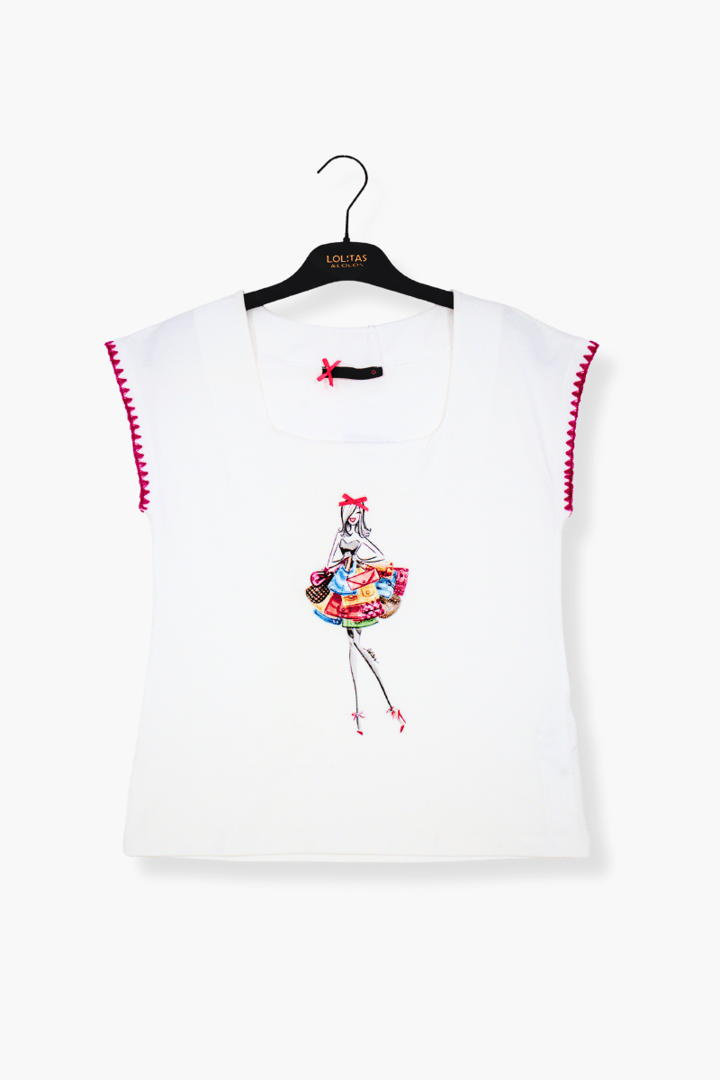 Camiseta Preloved blanca estampado bordado bolsos Lolitas&L - lolitasyl.com