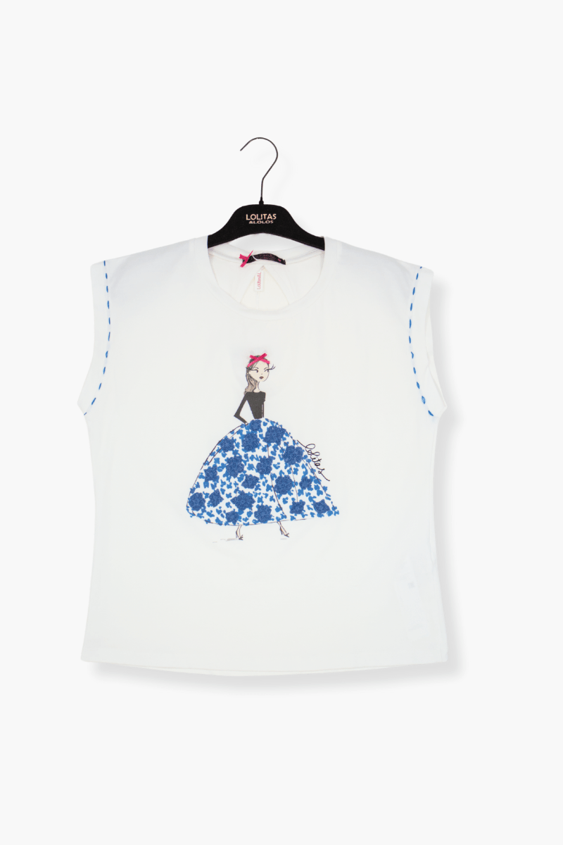 Camiseta Preloved blanca estampado con bordado muñeca Lolitas&L - lolitasyl.com