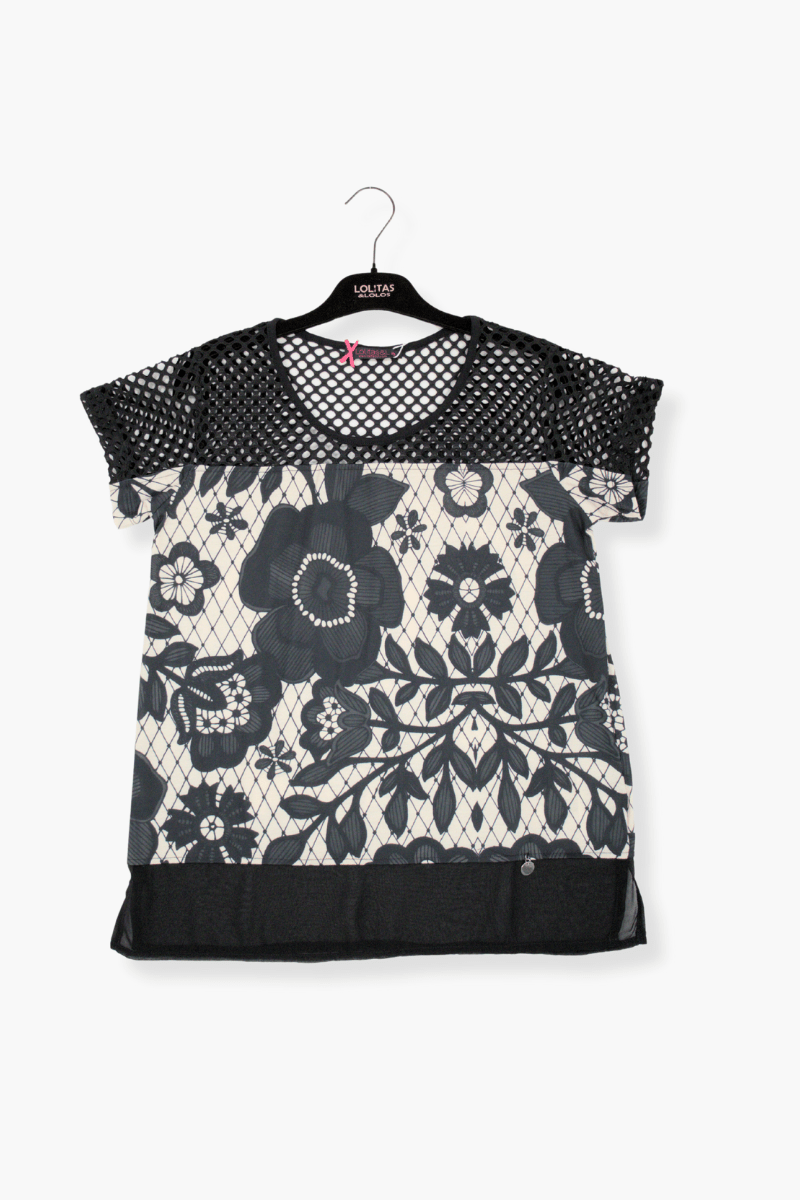 Camiseta Preloved estampado Flower Dark con rejilla Lolitas&L - lolitasyl.com
