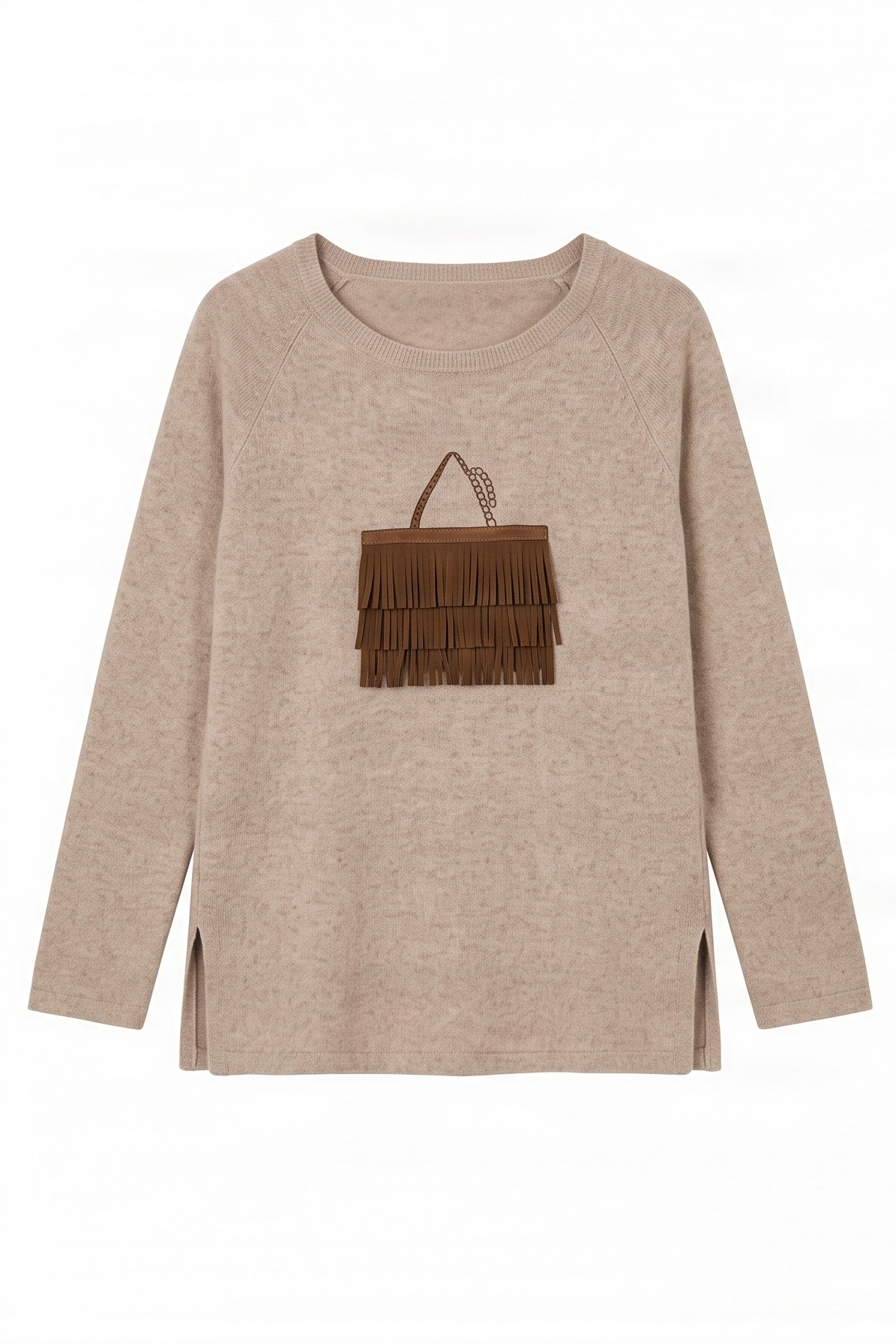 Camiseta de punto beige con bolsito de antelina flecos Lolitas&L