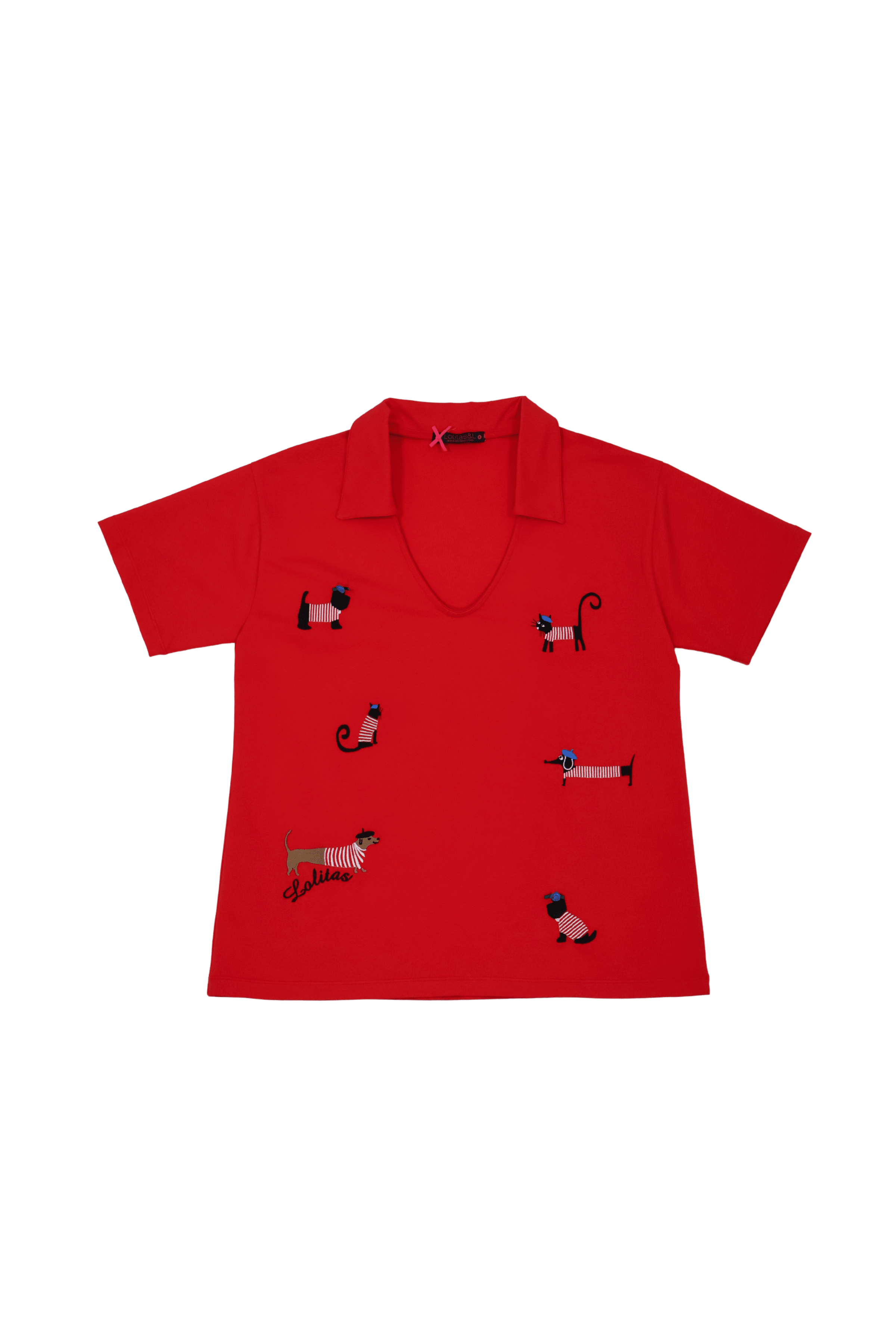 Camiseta roja cuello polo con bordado perritos Lolitas&L - lolitasyl.com