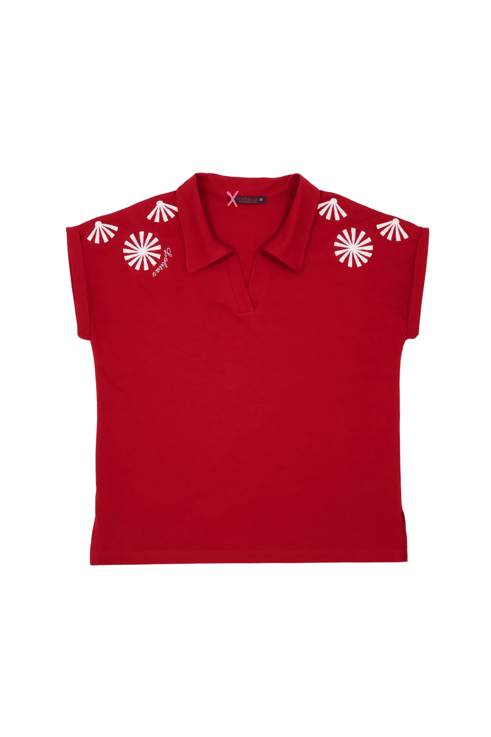Camiseta roja polo con bordado mandala en contraste Lolitas&L - lolitasyl.com