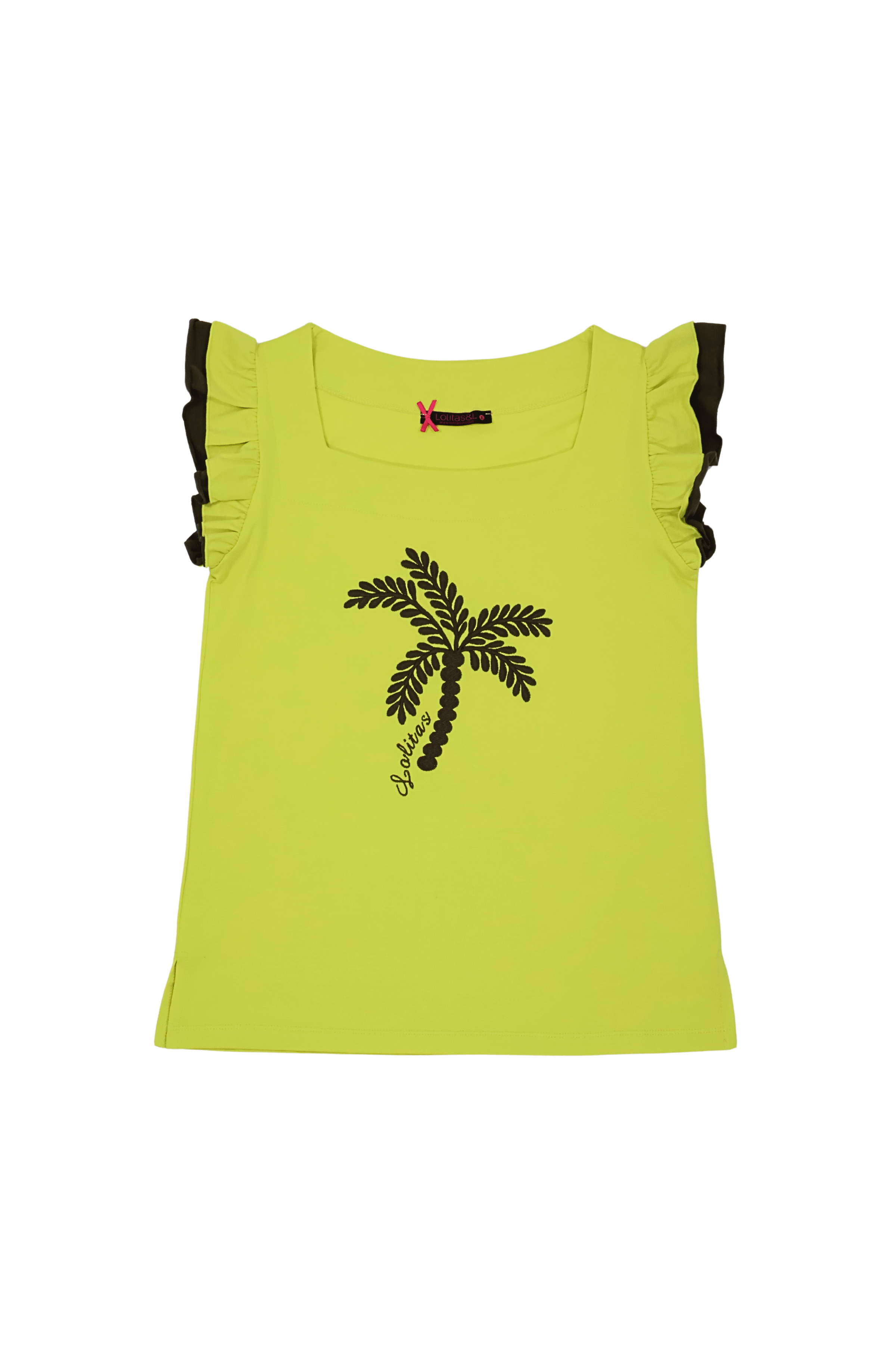 Camiseta verde acido bordado palmera con volantes Lolitas&L - lolitasyl.com