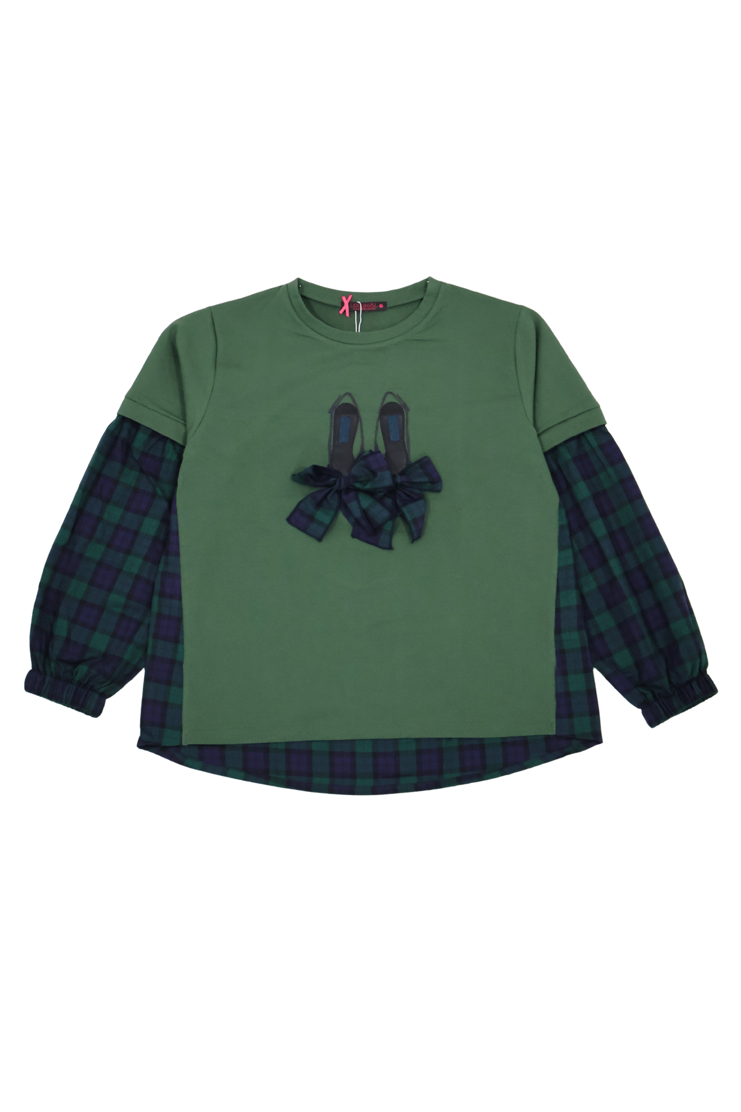 Camiseta verde con cuadro escoces azul bordado zapatillas Lolitas&L - lolitasyl.com