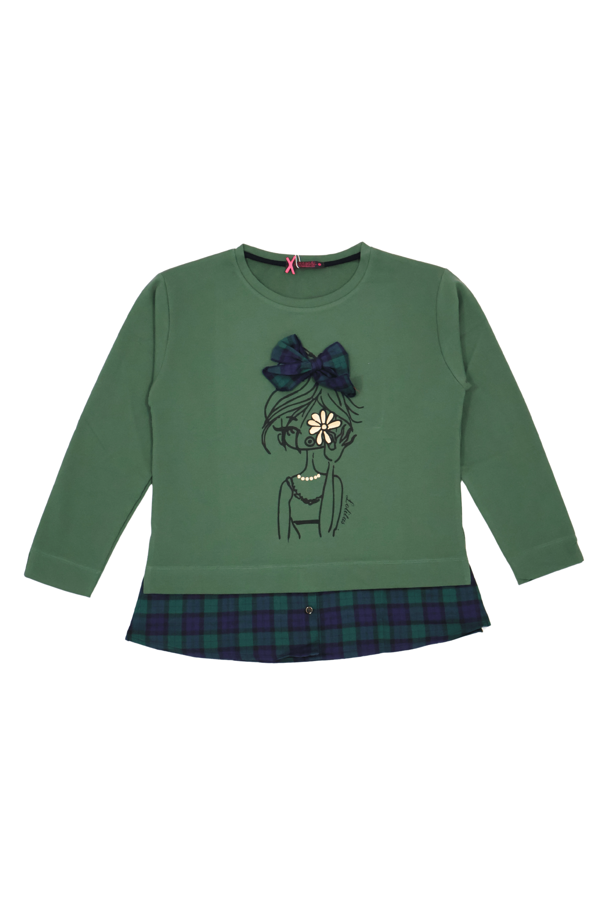 Camiseta verde con estampado muñeca y lazo cuadro escoces Lolitas&L - lolitasyl.com