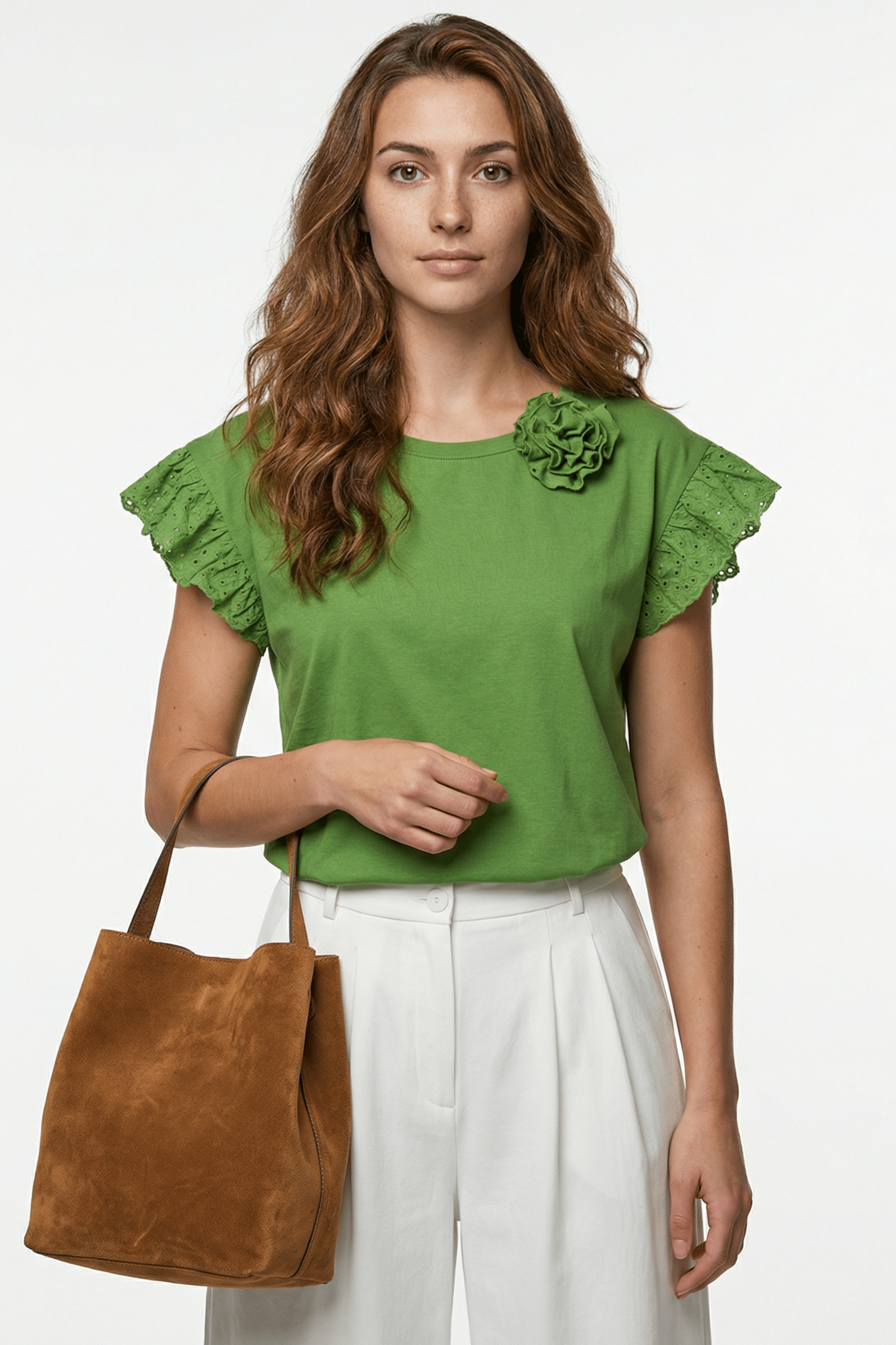 Camiseta verde con volante en bordado ingles y flor Lolitas&L - lolitasyl.com