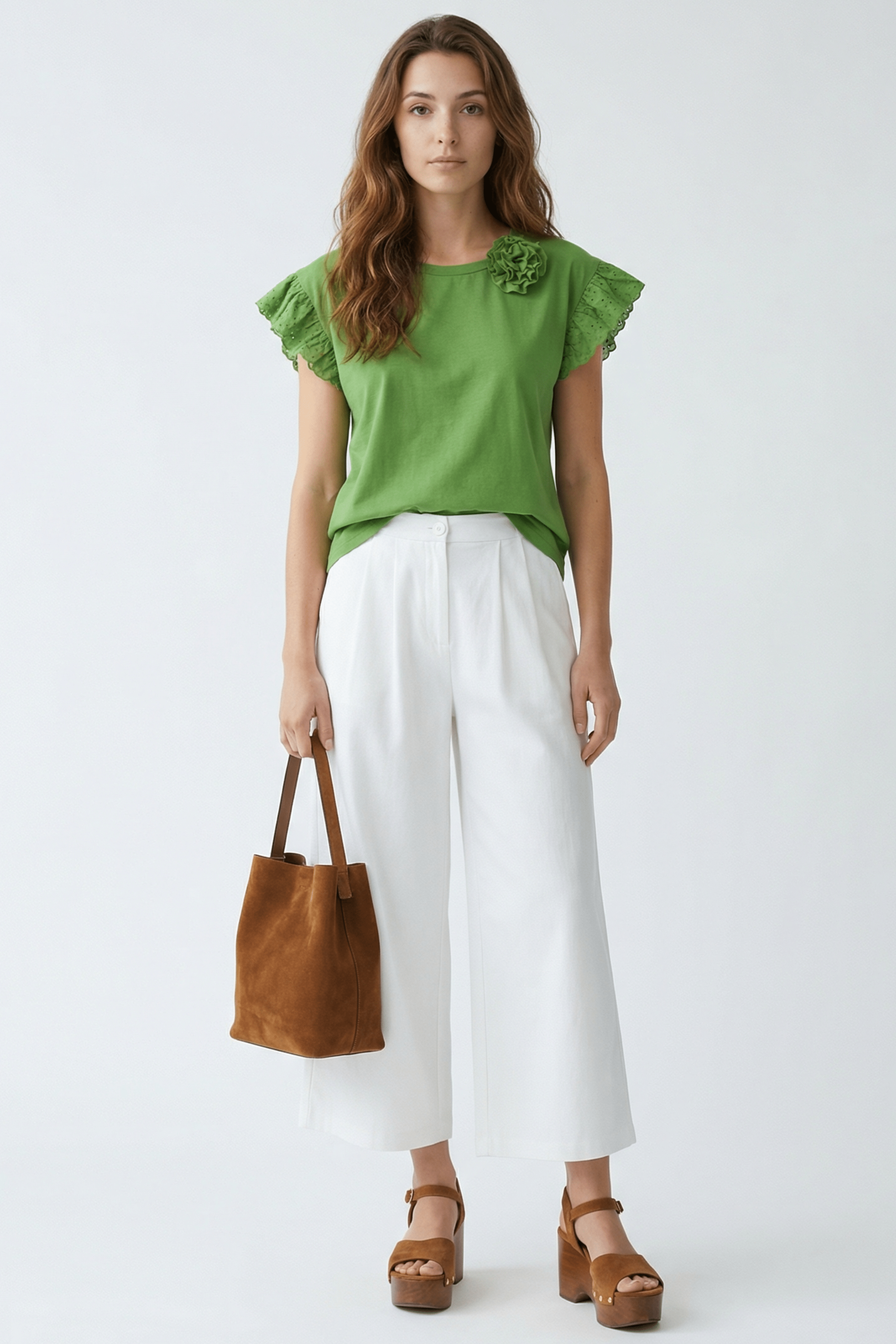 Camiseta verde con volante en bordado ingles y flor Lolitas&L - lolitasyl.com