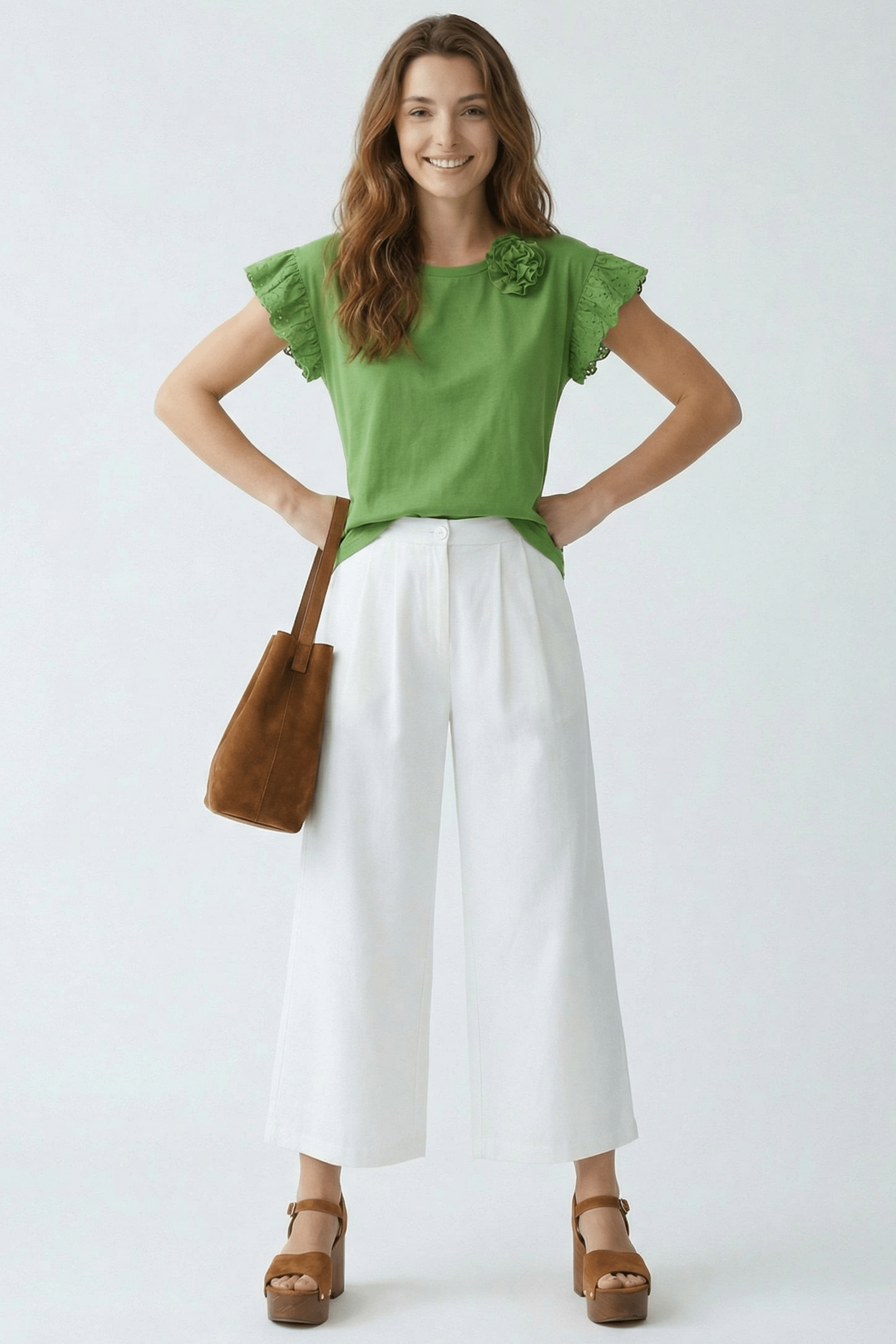 Camiseta verde con volante en bordado ingles y flor Lolitas&L - lolitasyl.com