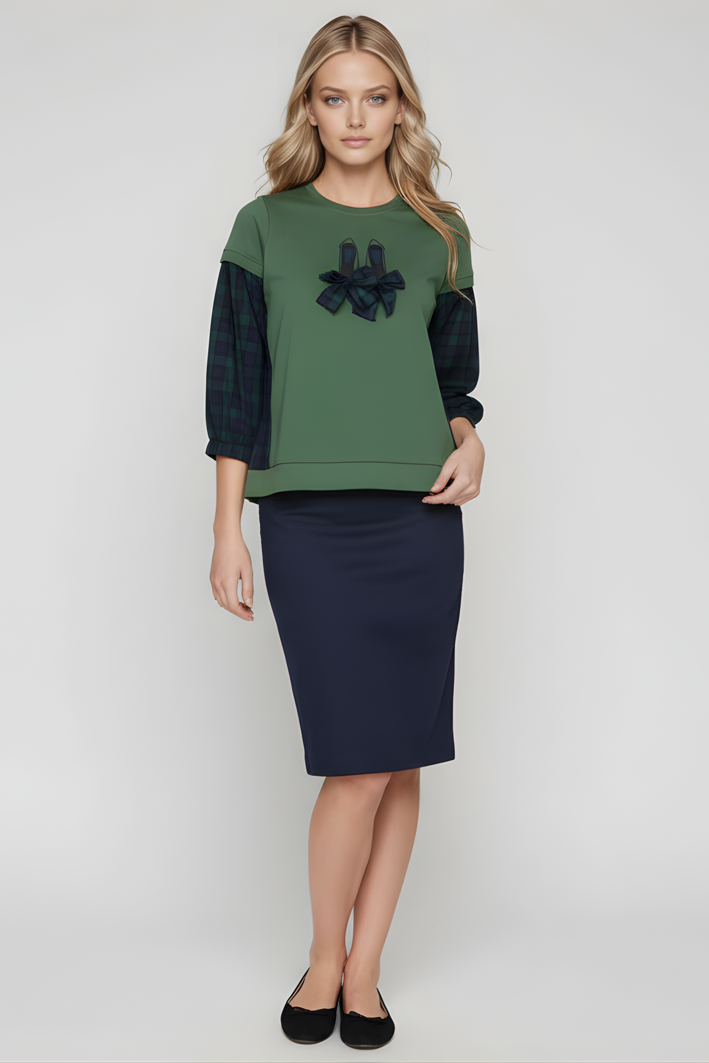 Camiseta verde con cuadro escoces azul bordado zapatillas Lolitas&L