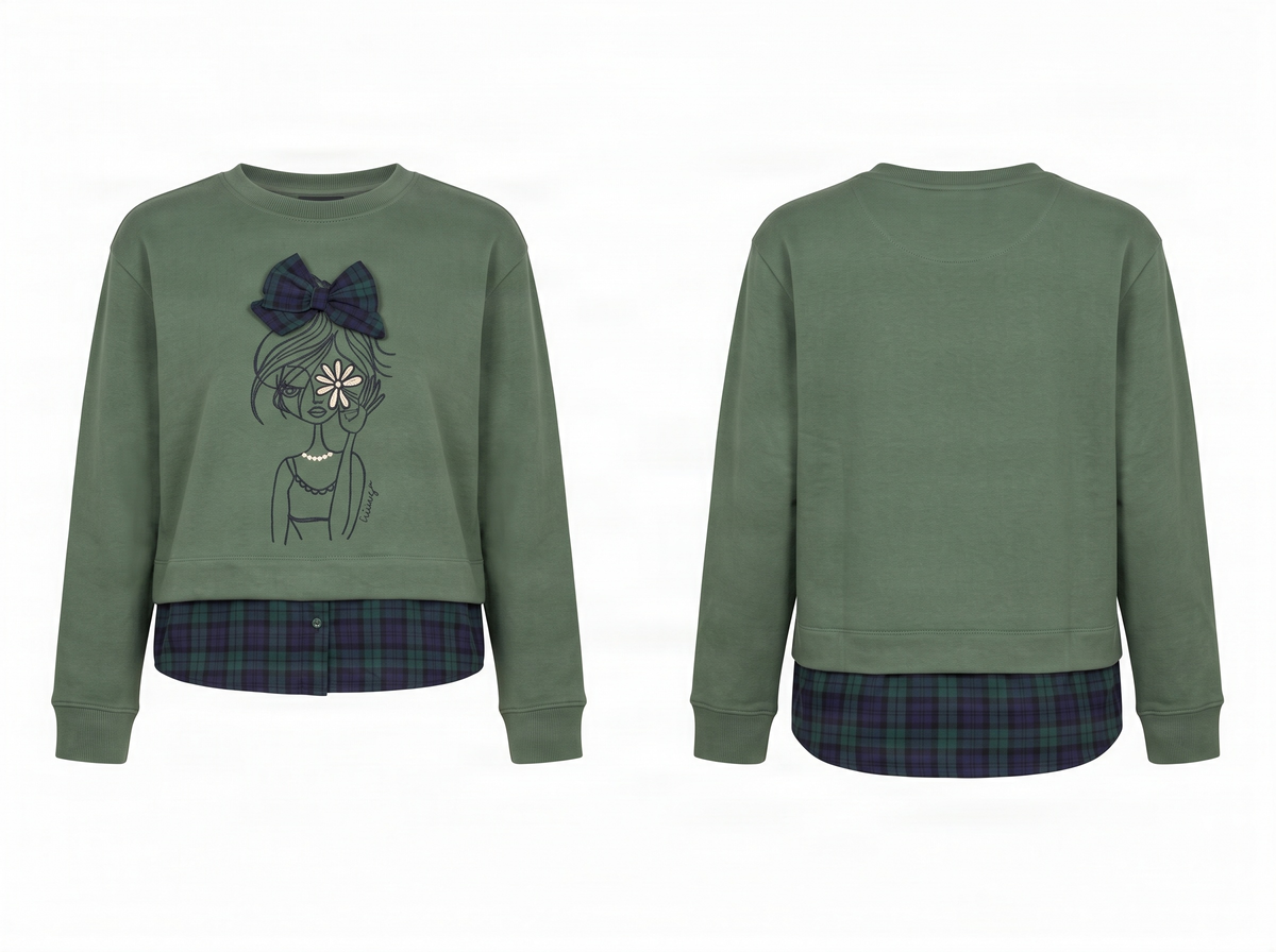 Camiseta verde con estampado muñeca y lazo cuadro escoces Lolitas&L