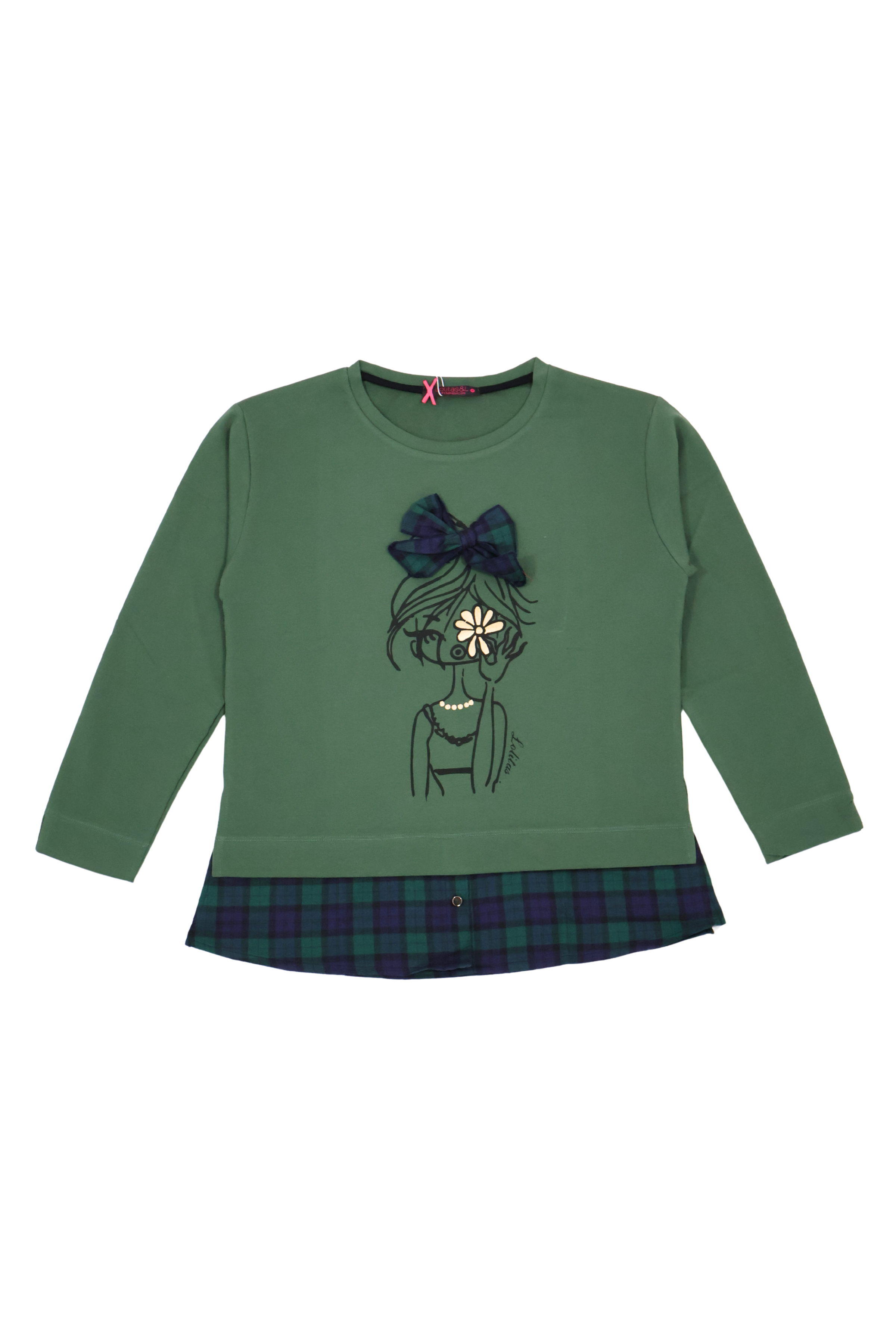 Camiseta verde con estampado muñeca y lazo cuadro escoces Lolitas&L