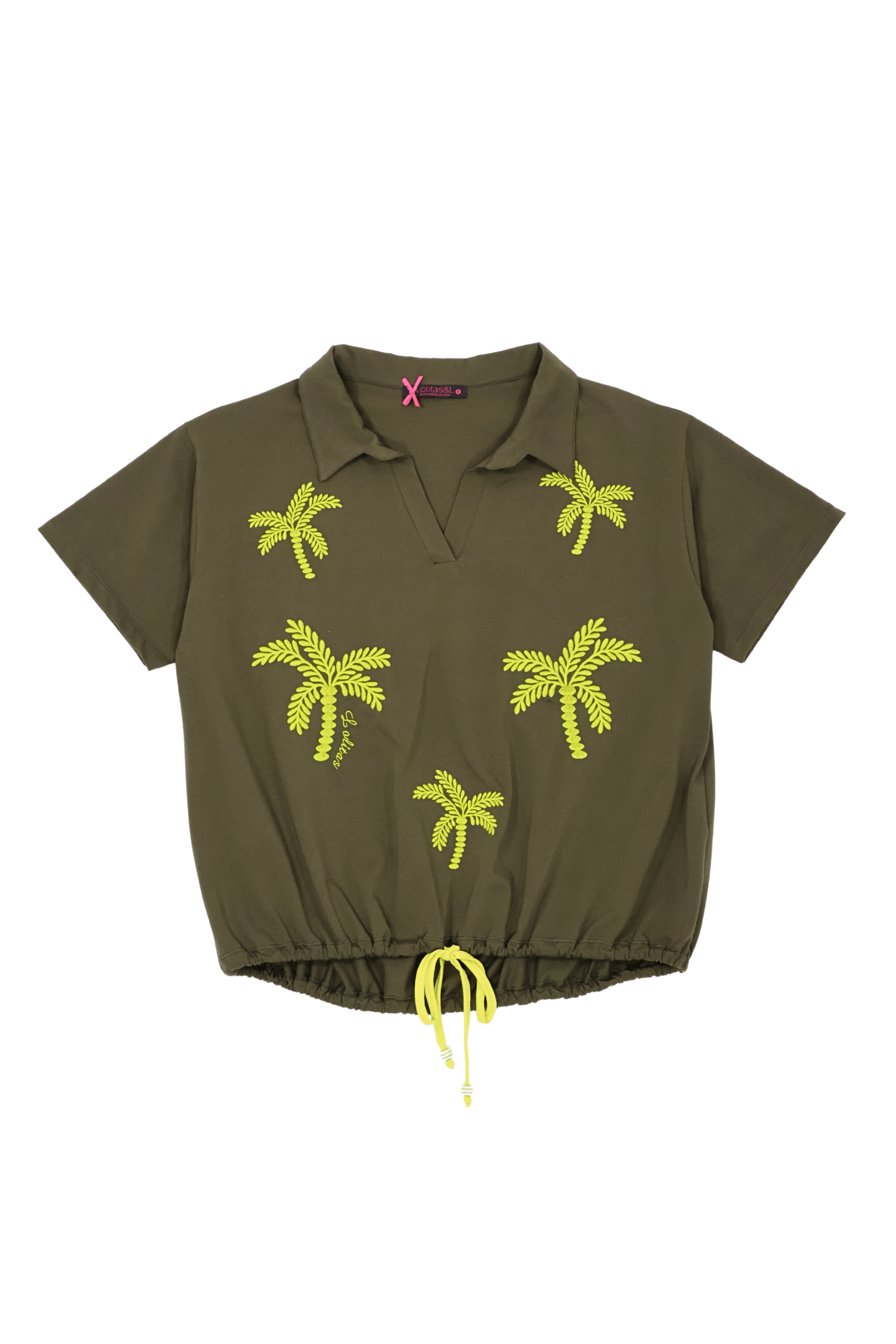 Camiseta verde militar con bordado palmeras cordon Lolitas&L - lolitasyl.com