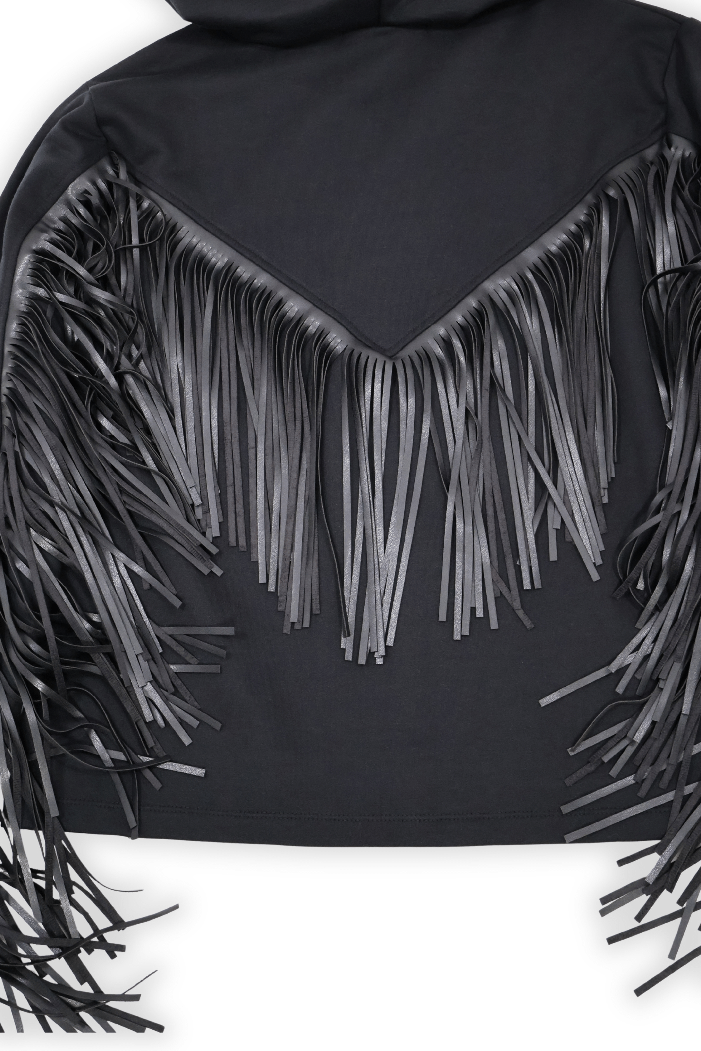 Cazadora algodon negra con flecos polipiel y capucha Lolitas&L - lolitasyl.com