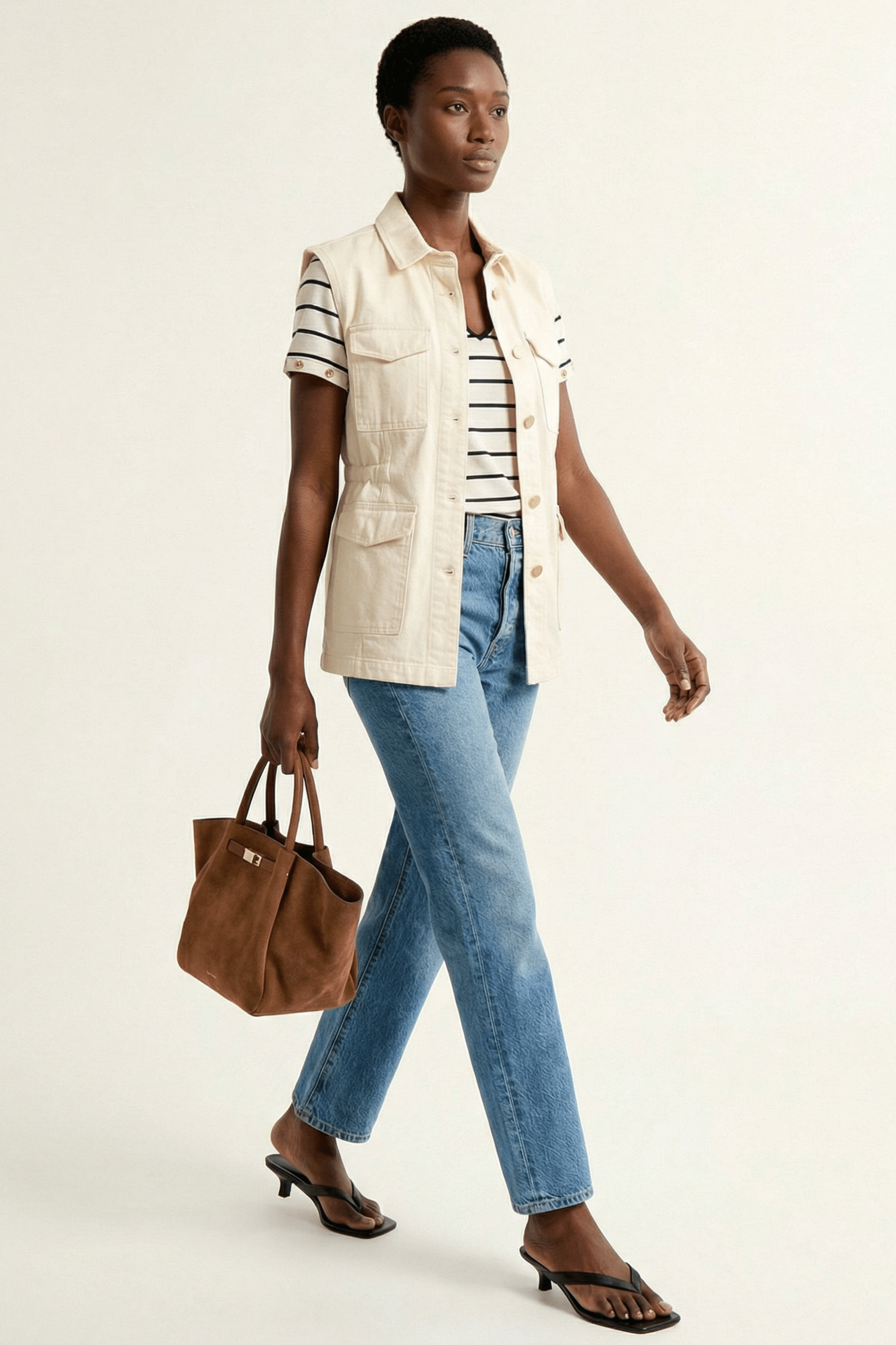 Cazadora vaquera crema sin mangas con bolsillos Lolitas&L - lolitasyl.com