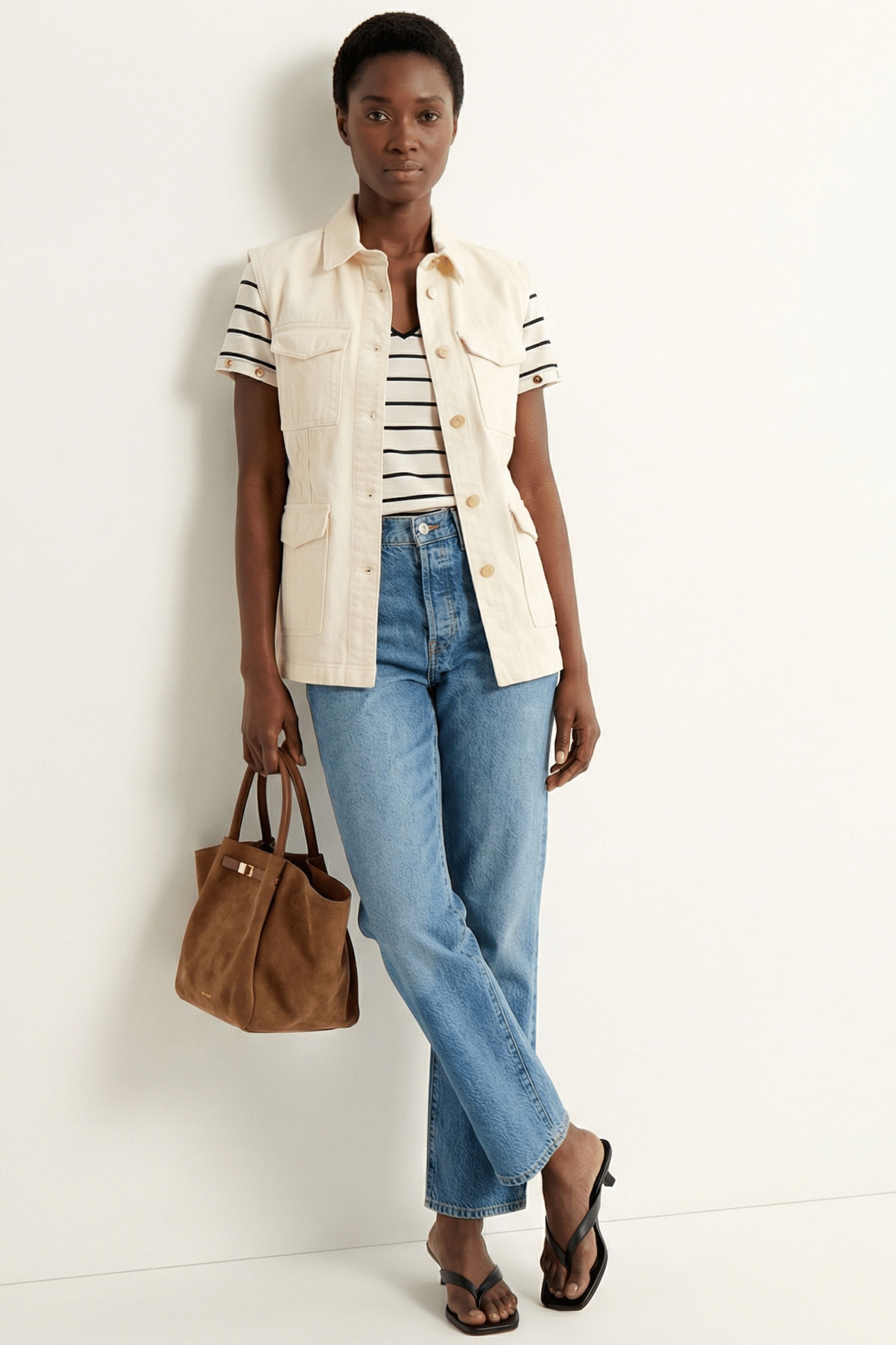 Cazadora vaquera crema sin mangas con bolsillos Lolitas&L - lolitasyl.com