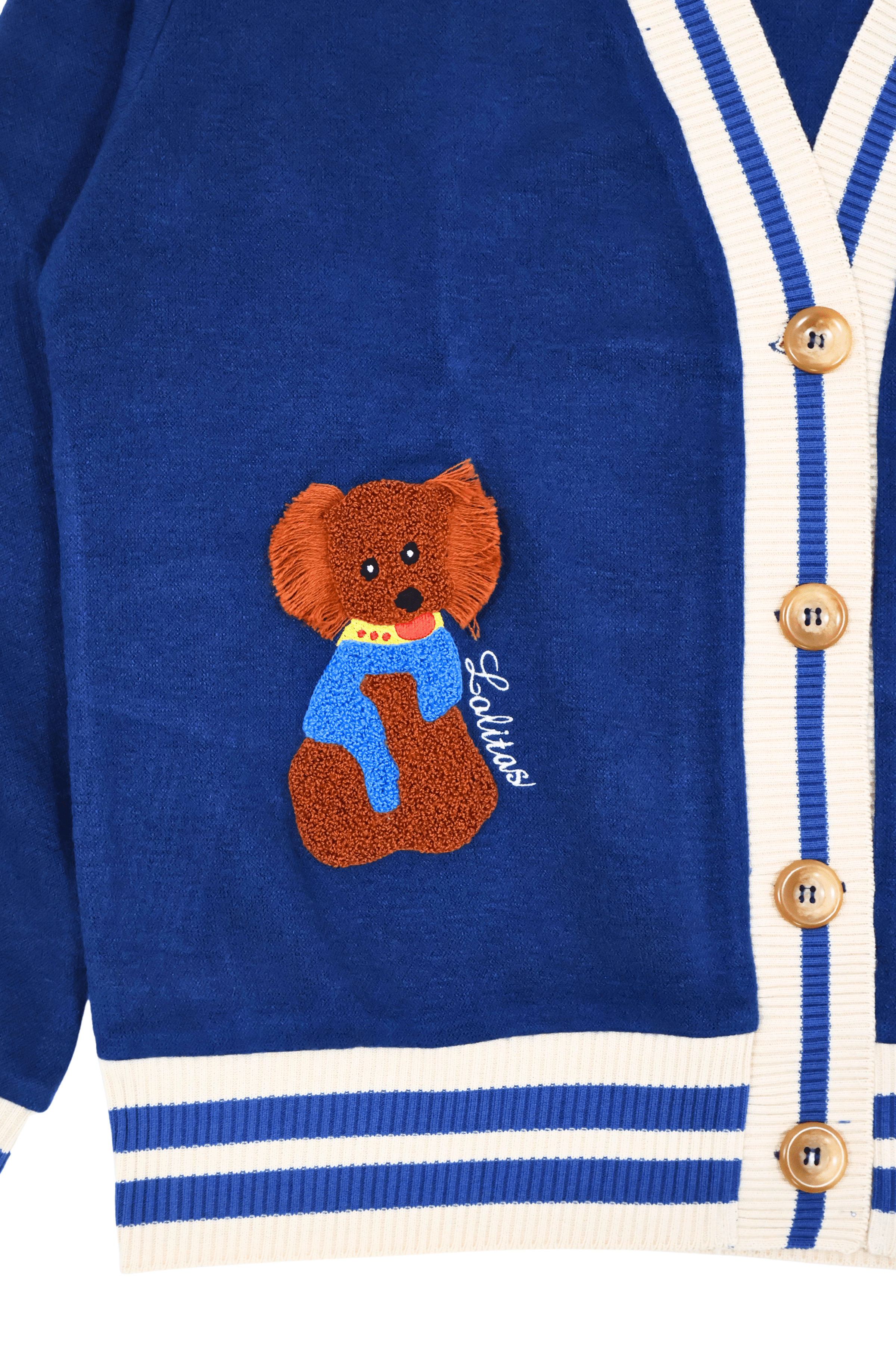 Chaqueta azul punto con elasticos y bordado Lolitas&L - lolitasyl.com