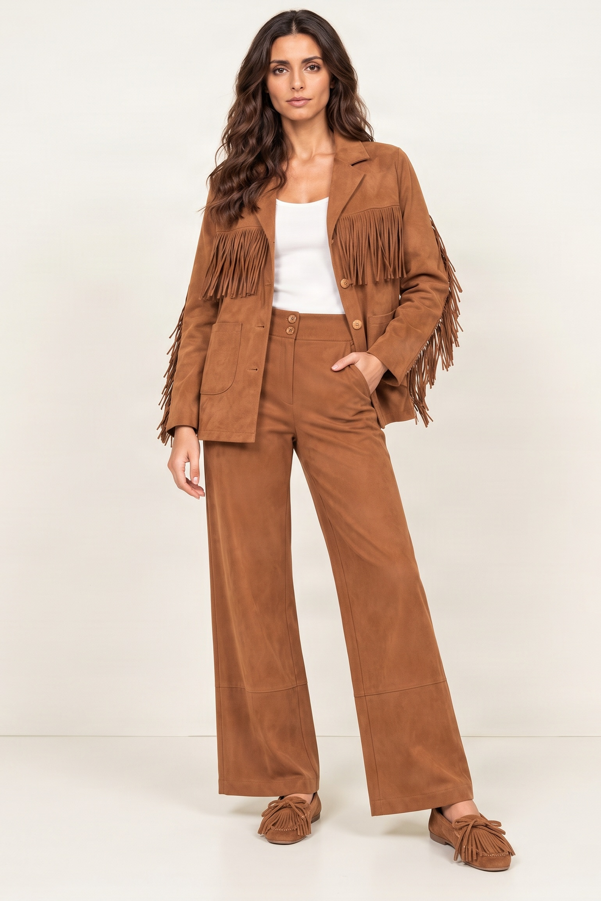 Chaqueta camel antelina con flecos y bolsillos Lolitas&L