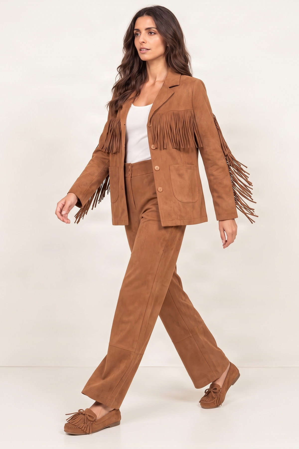 Chaqueta camel antelina con flecos y bolsillos Lolitas&L