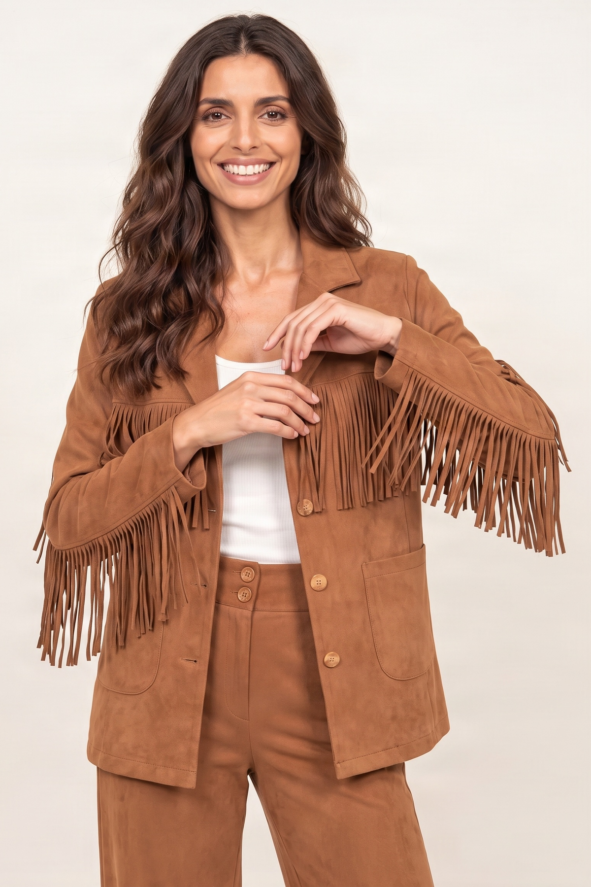Chaqueta camel antelina con flecos y bolsillos Lolitas&L
