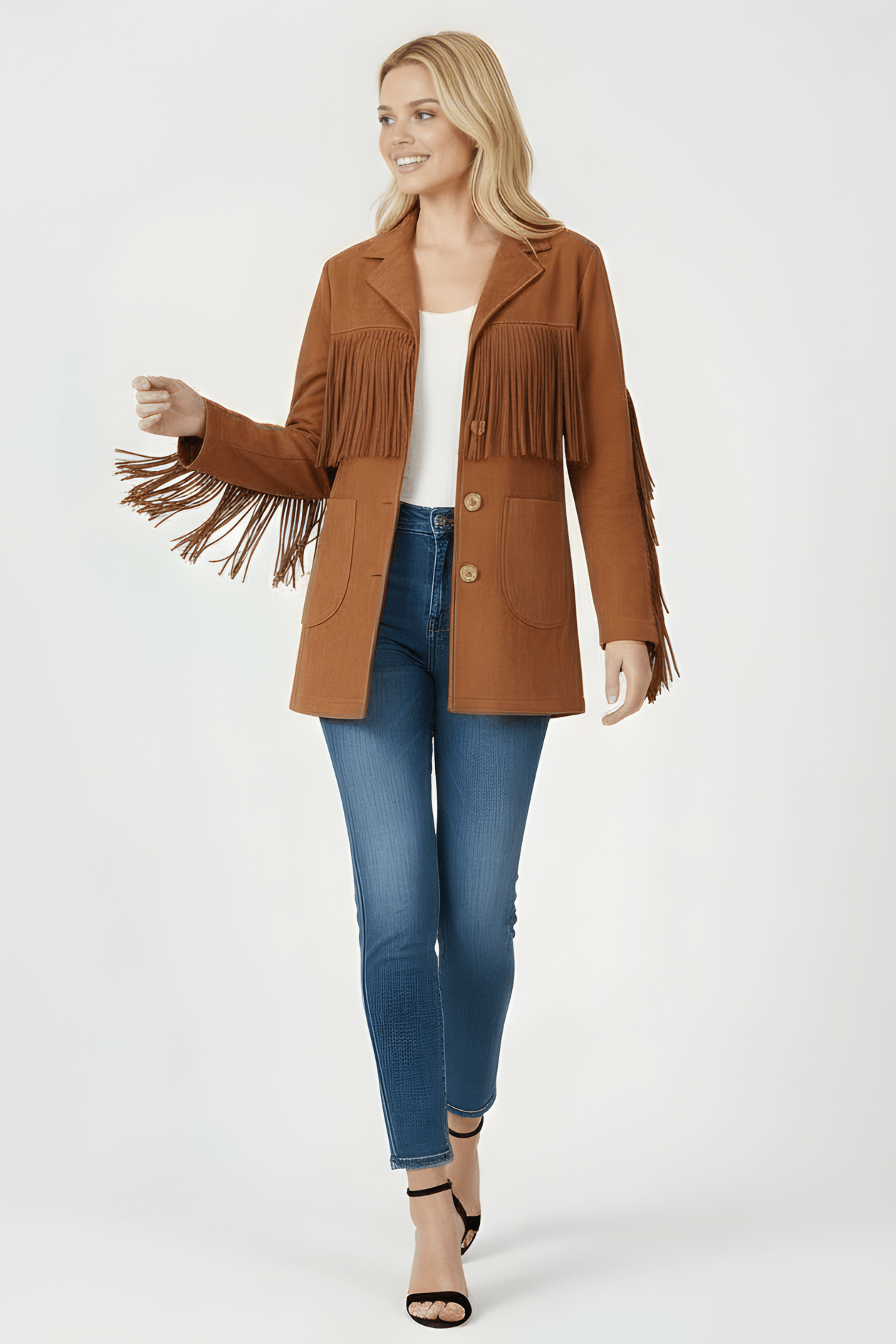 Chaqueta camel antelina con flecos y bolsillos Lolitas&L - lolitasyl.com