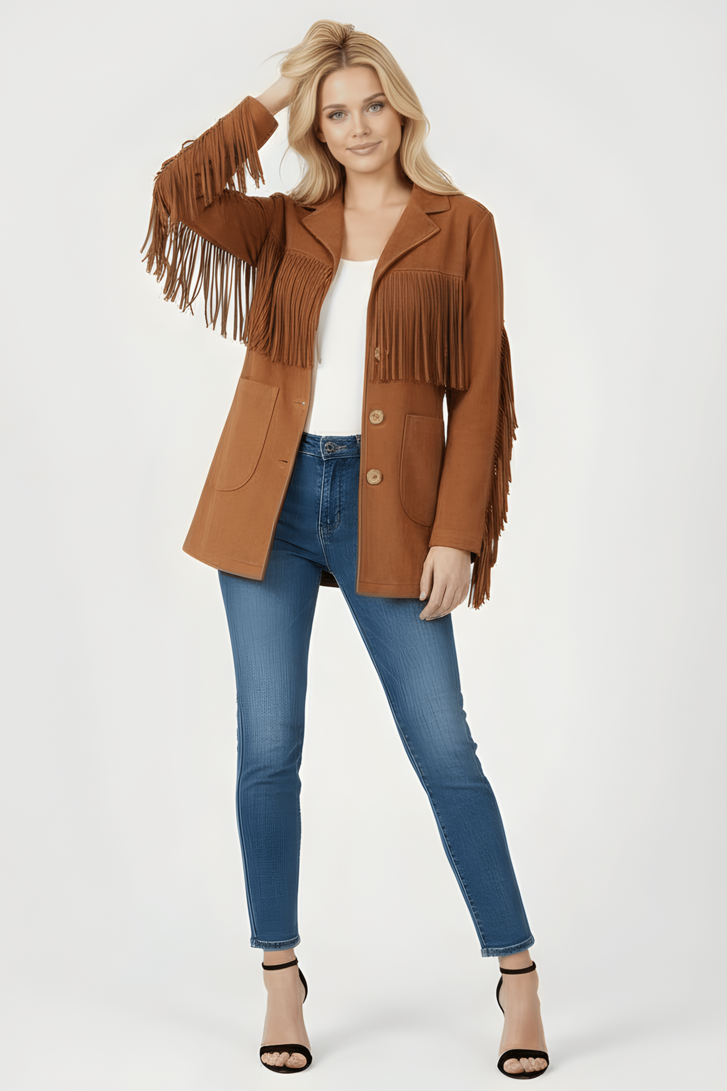 Chaqueta camel antelina con flecos y bolsillos Lolitas&L - lolitasyl.com