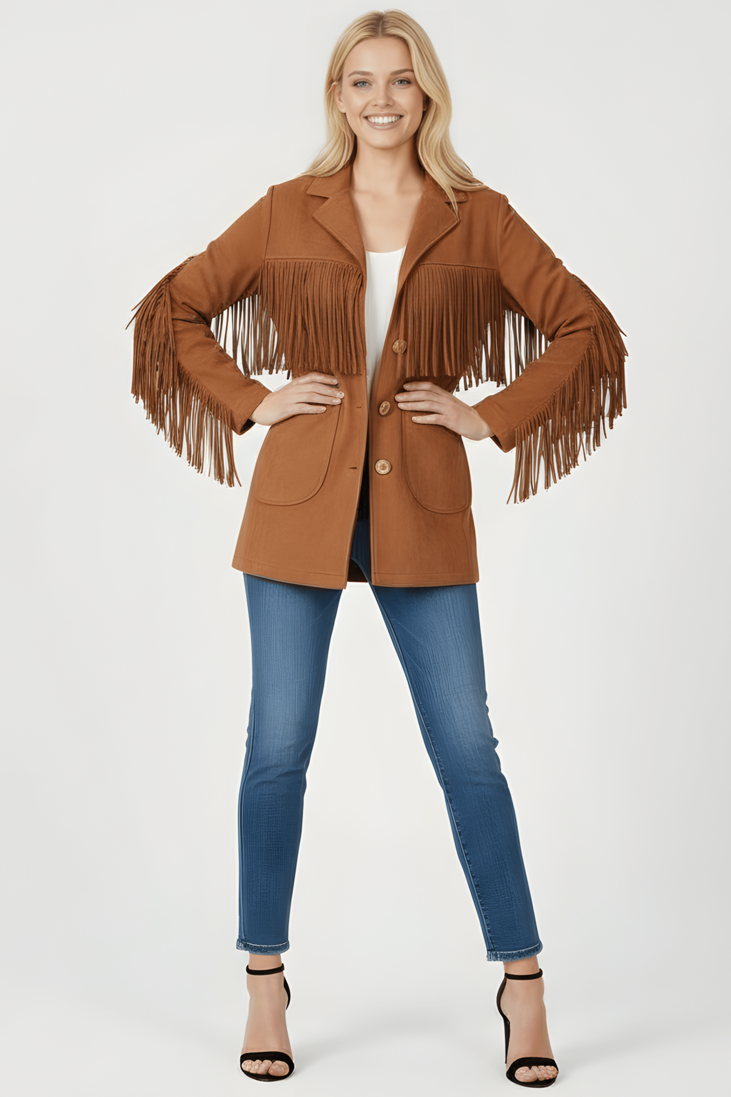 Chaqueta camel antelina con flecos y bolsillos Lolitas&L - lolitasyl.com