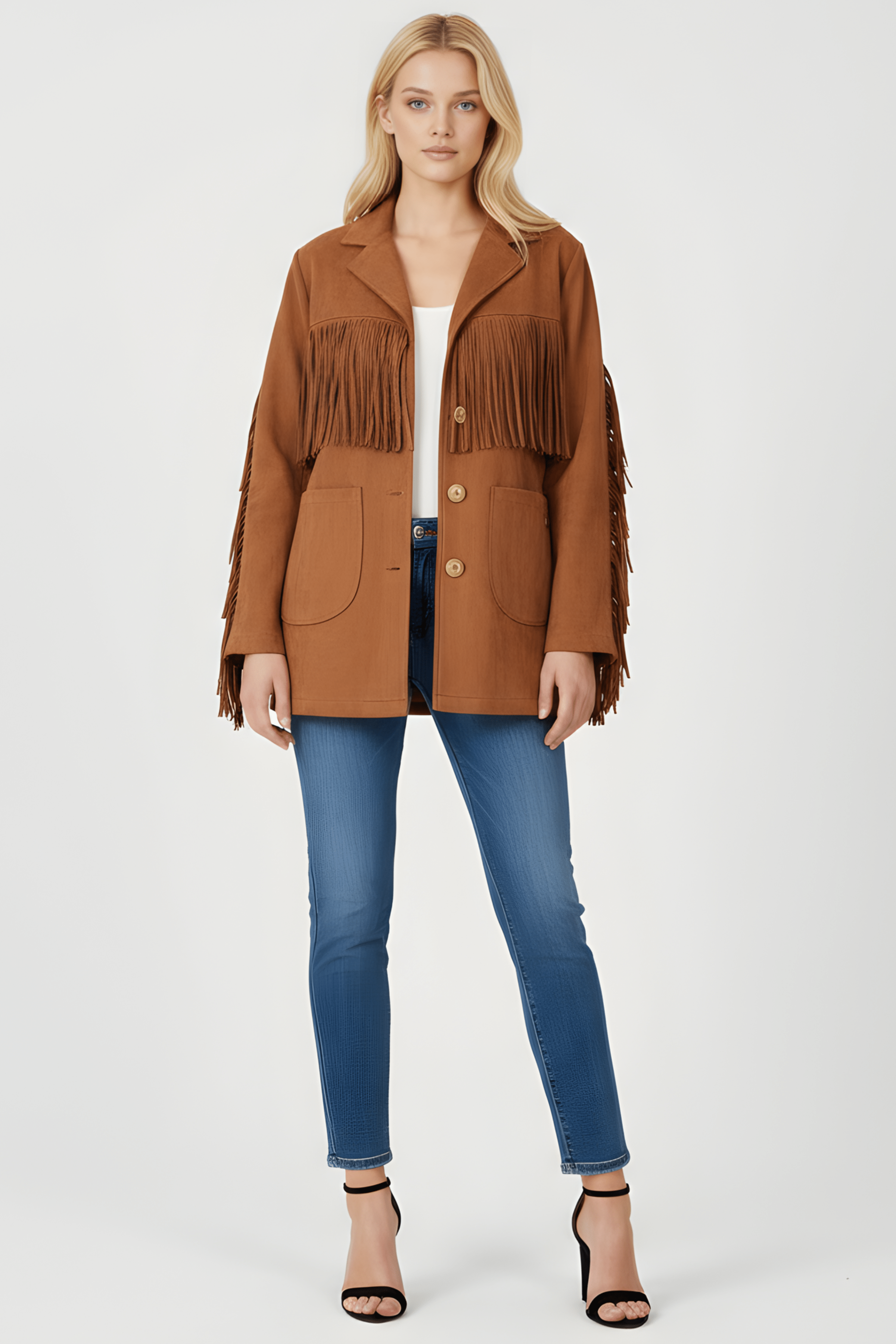 Chaqueta camel antelina con flecos y bolsillos Lolitas&L - lolitasyl.com