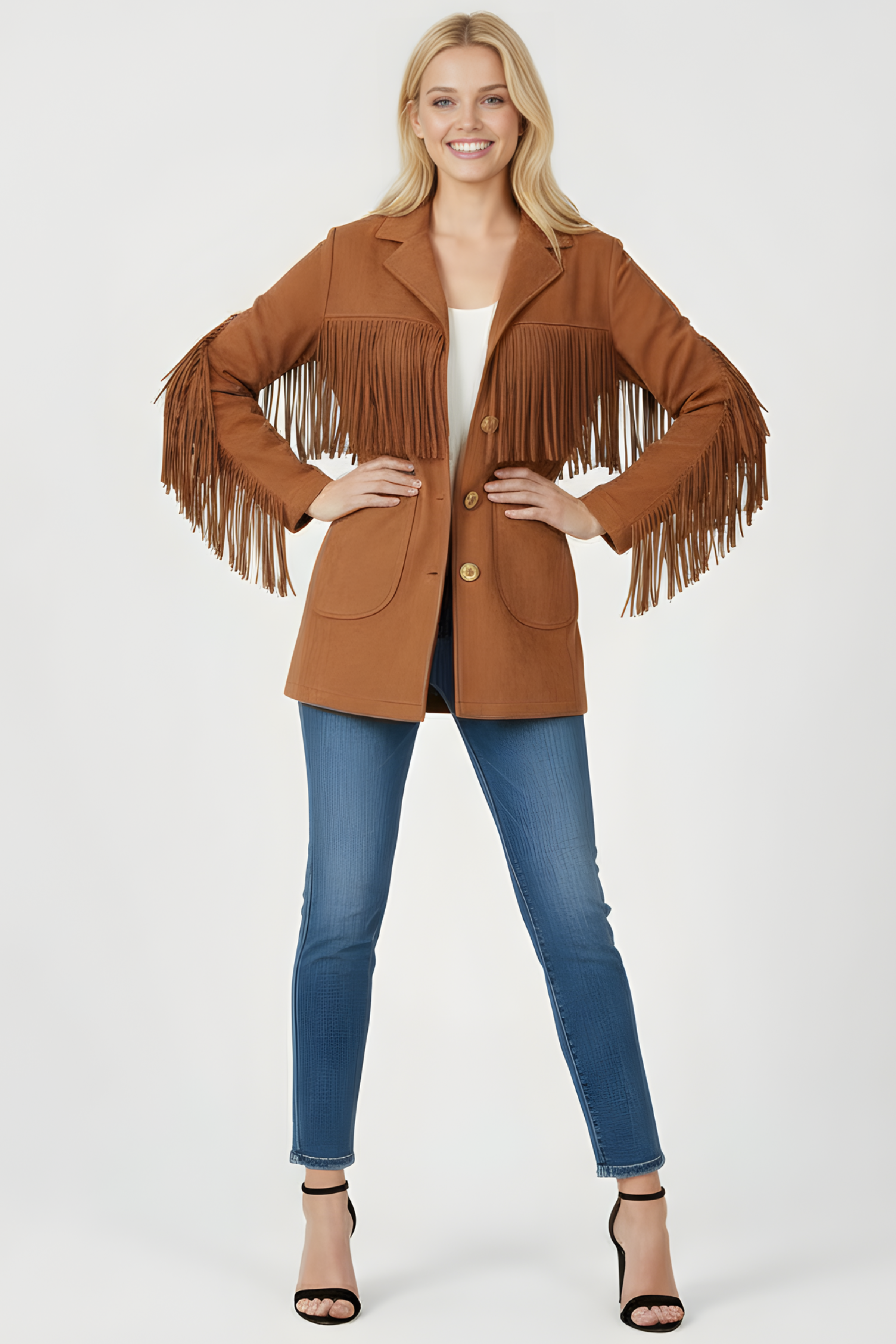 Chaqueta camel antelina con flecos y bolsillos Lolitas&L