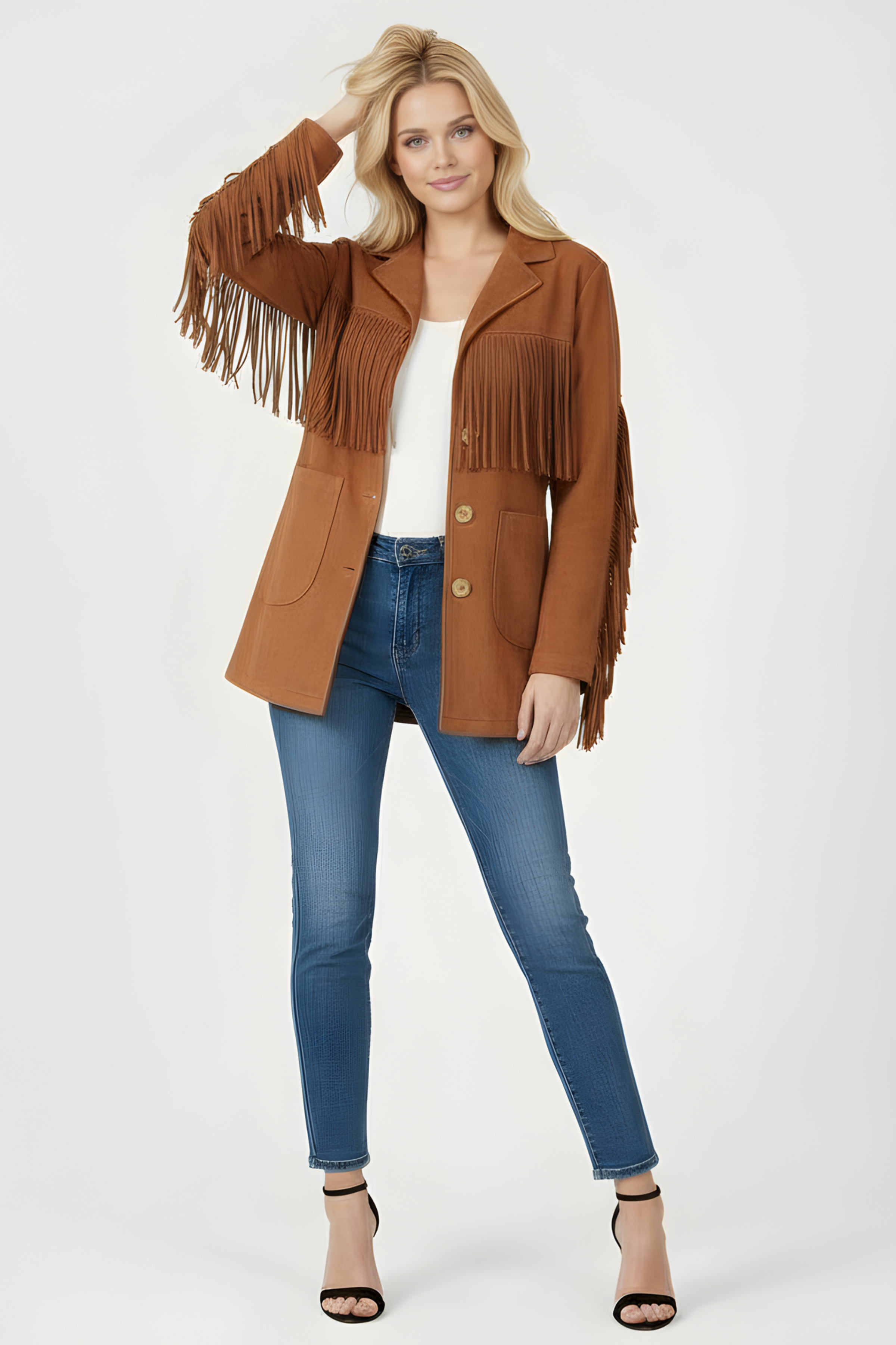 Chaqueta camel antelina con flecos y bolsillos Lolitas&L