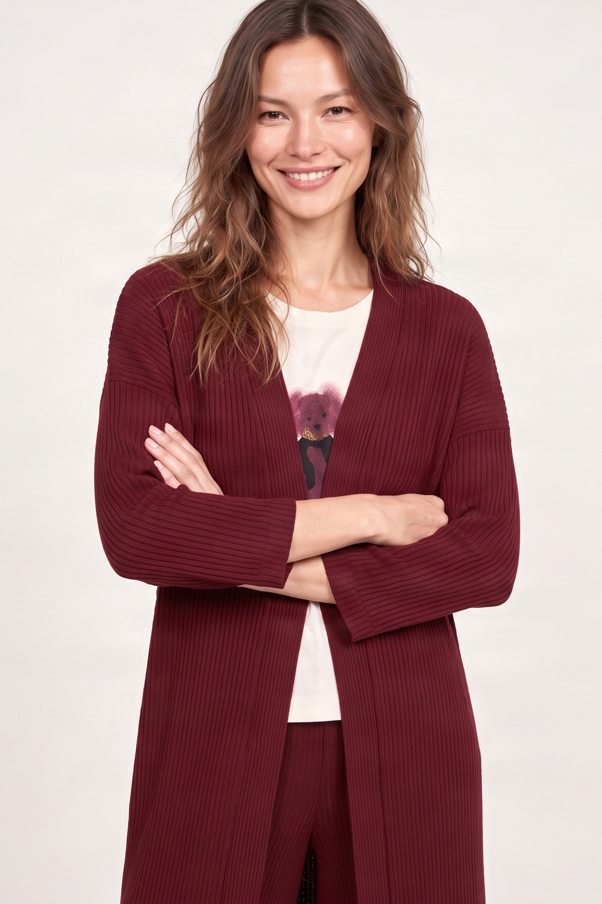 Chaqueta granate larga de punto jaquard Lolitas&L