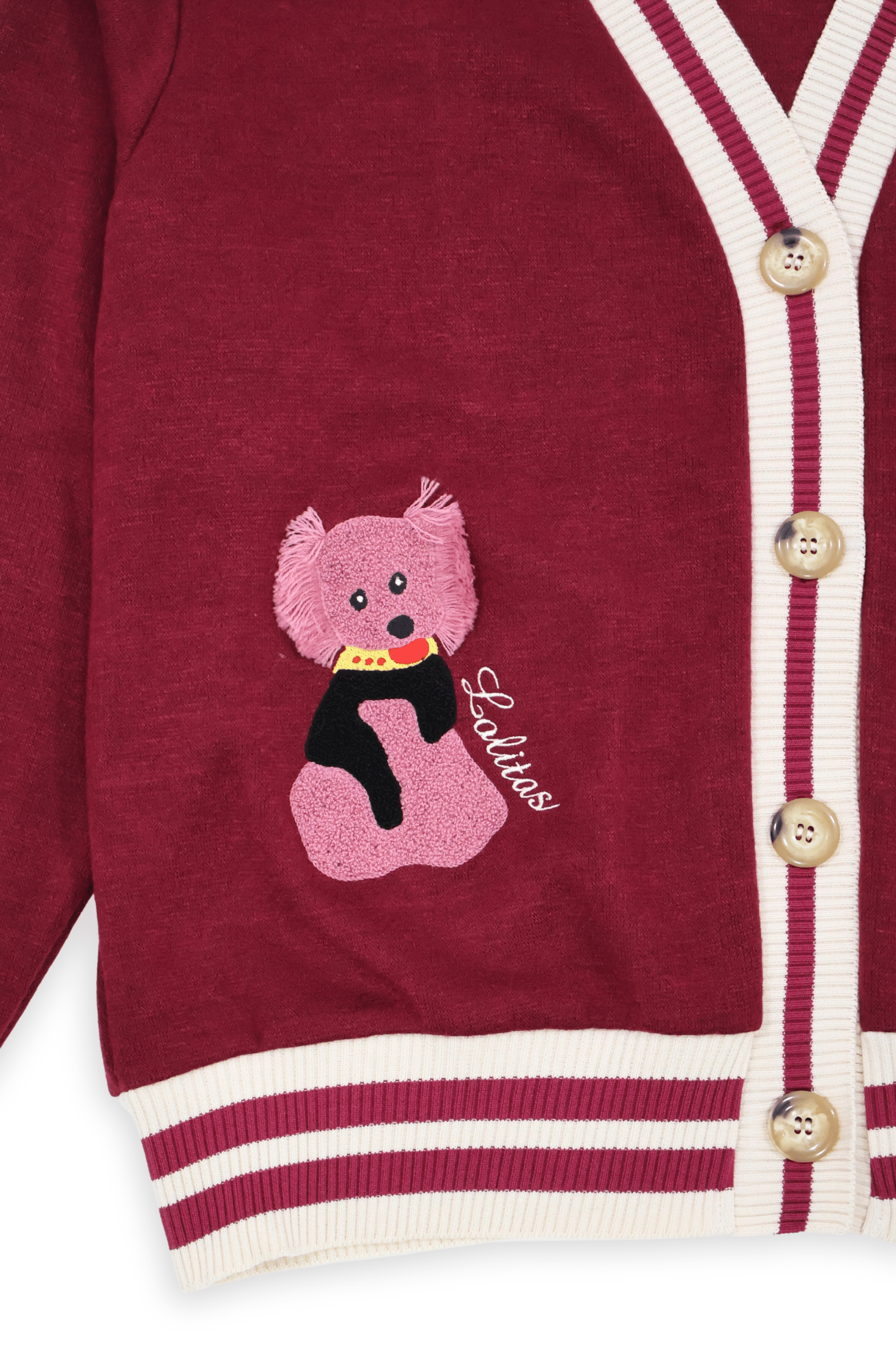 Chaqueta granate punto con elasticos y bordado Lolitas&L - lolitasyl.com