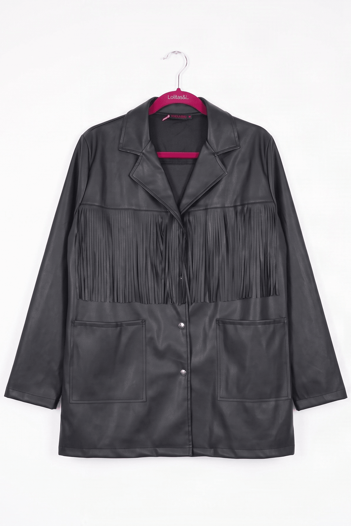 Chaqueta Larga Negra de Polipiel con Flecos y Bolsillos Preloved - lolitasyl.com