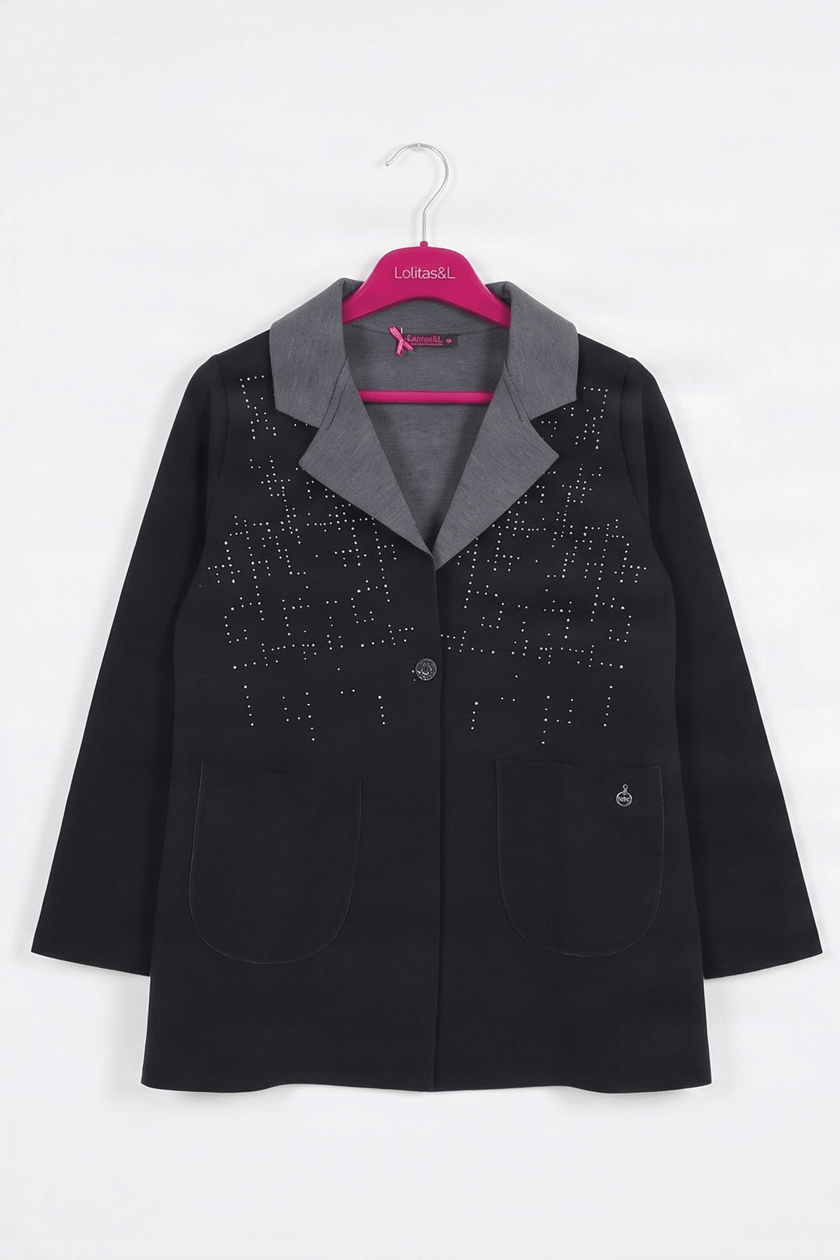 Chaqueta Negra con Cuello Contraste y Strass Preloved - lolitasyl.com