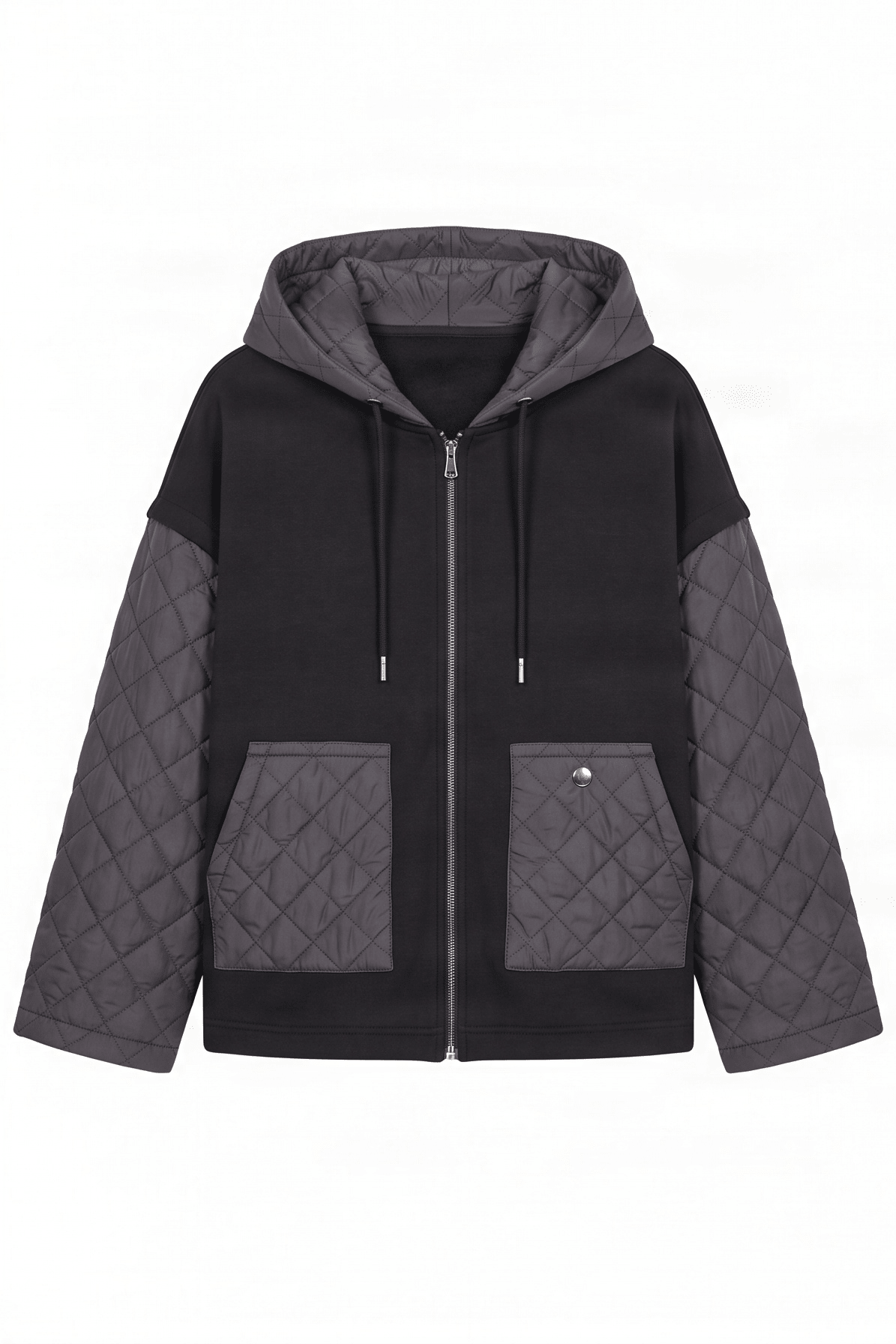 Chaqueta negra cremallera con capucha y mangas guateadas Lolitas&L - lolitasyl.com
