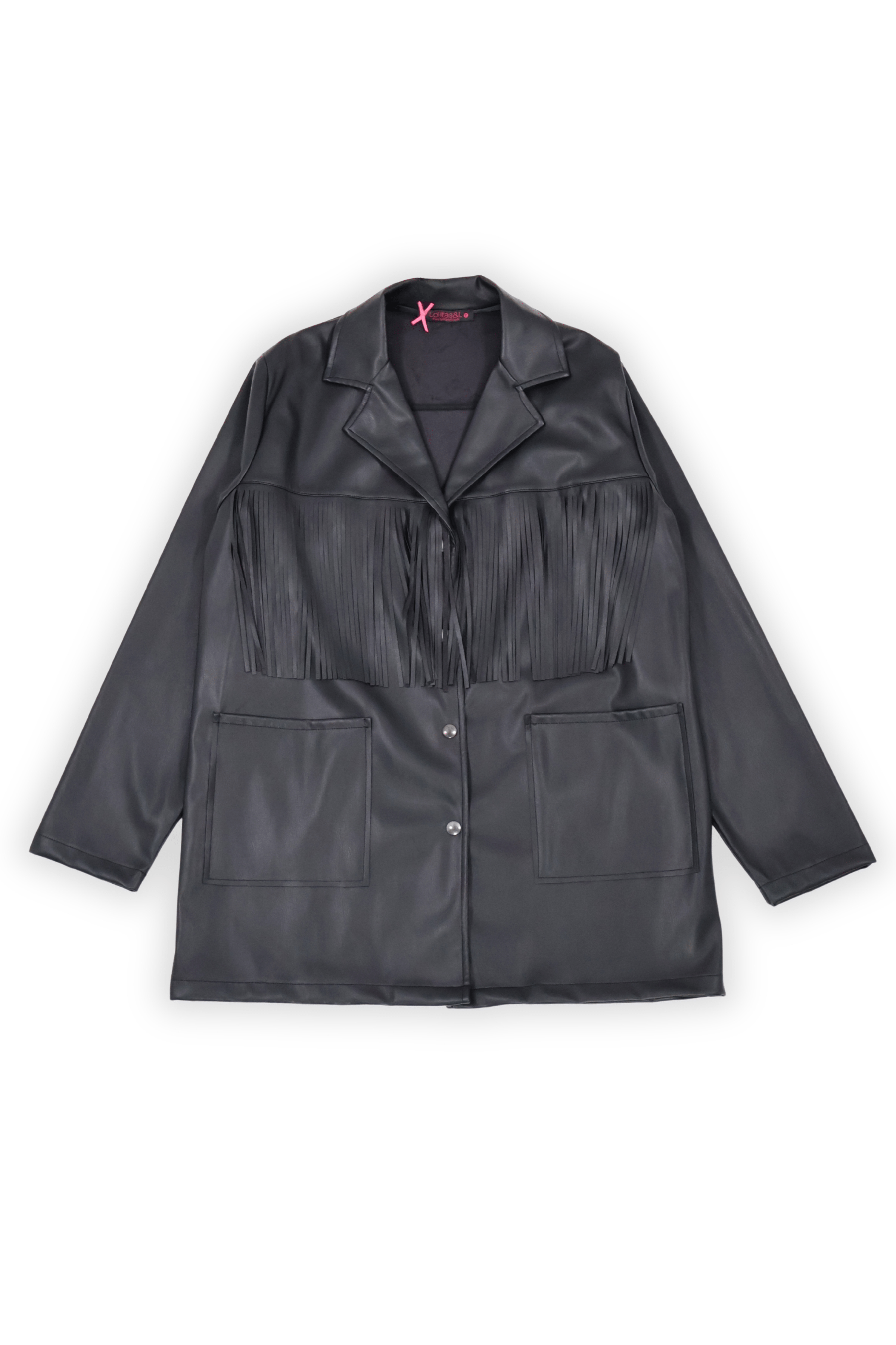 Chaqueta negra larga polipiel con flecos y bolsillos Lolitas&L - lolitasyl.com
