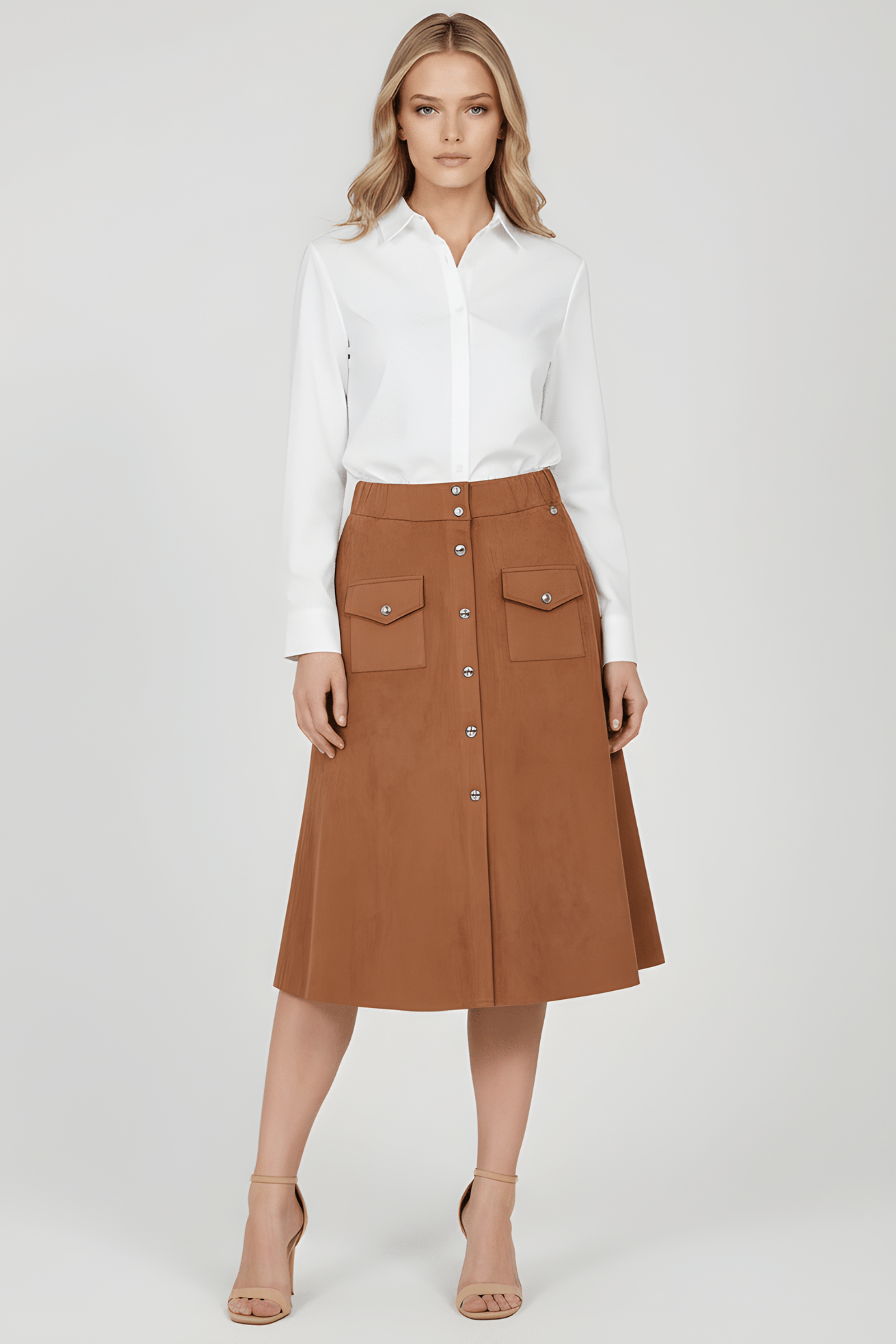 Falda camel antelina con automaticos Lolitas&L - lolitasyl.com