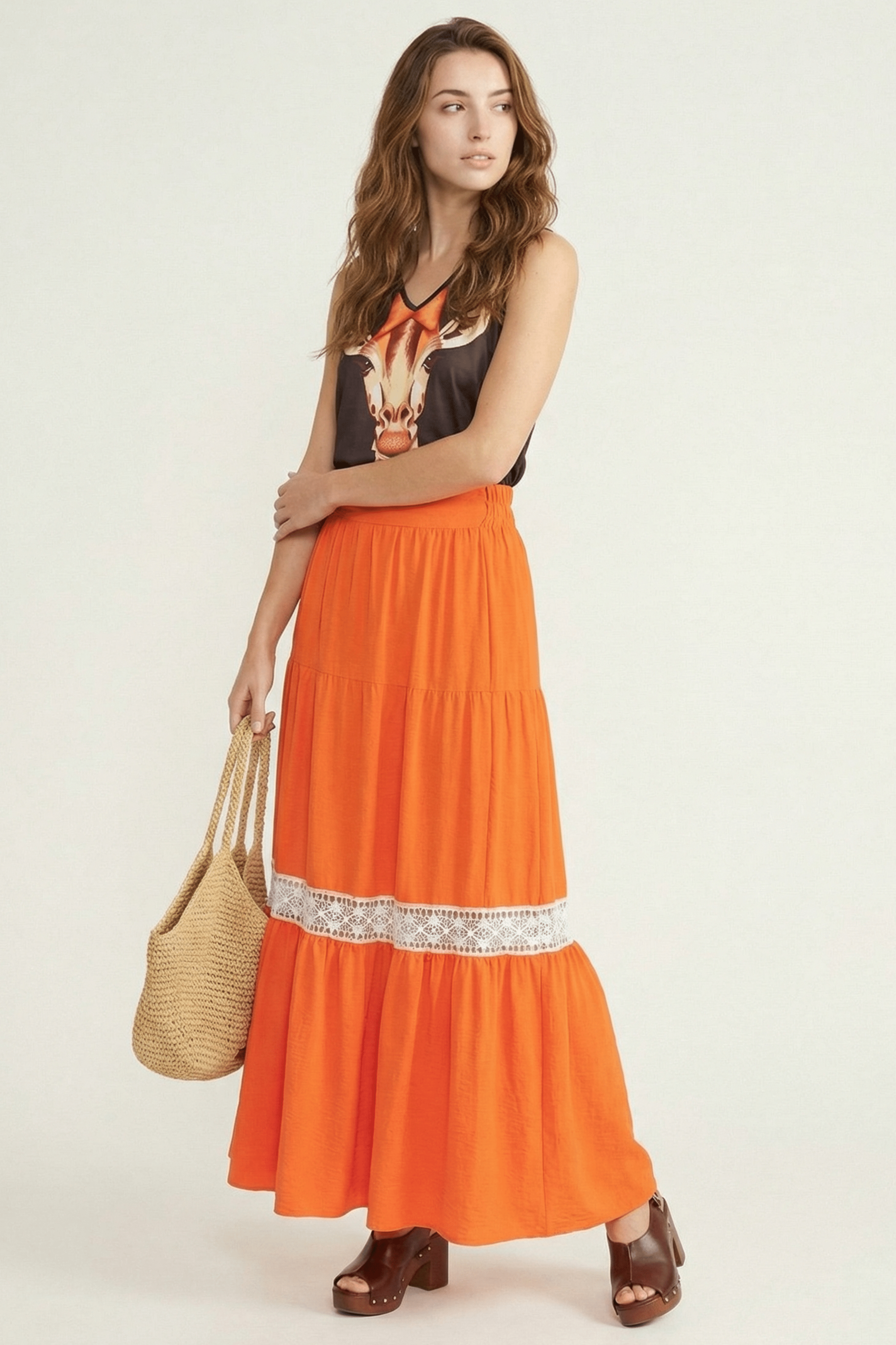 Falda larga naranja cortes con puntilla blanca LolitasyL - lolitasyl.com