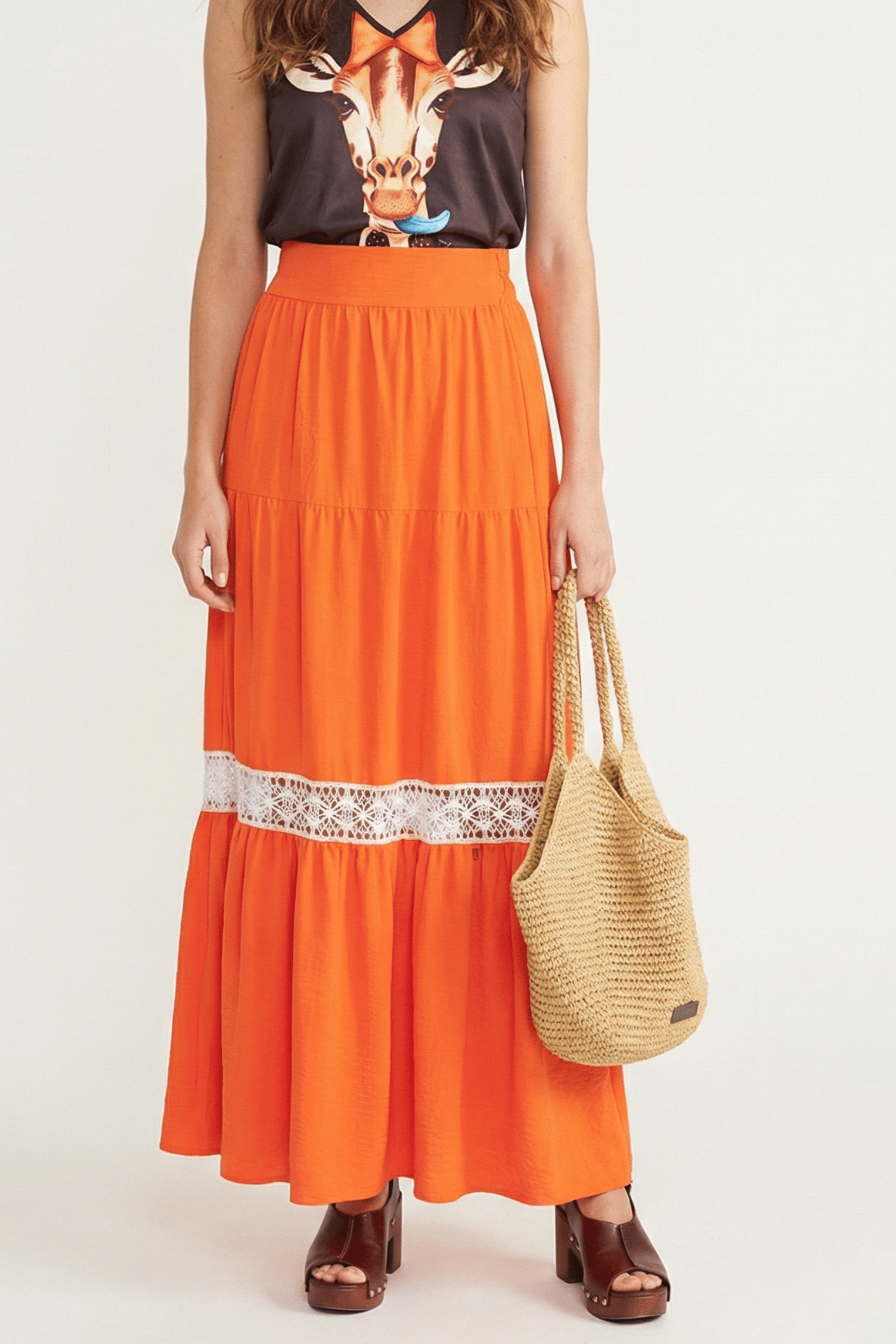 Falda larga naranja cortes con puntilla blanca LolitasyL - lolitasyl.com