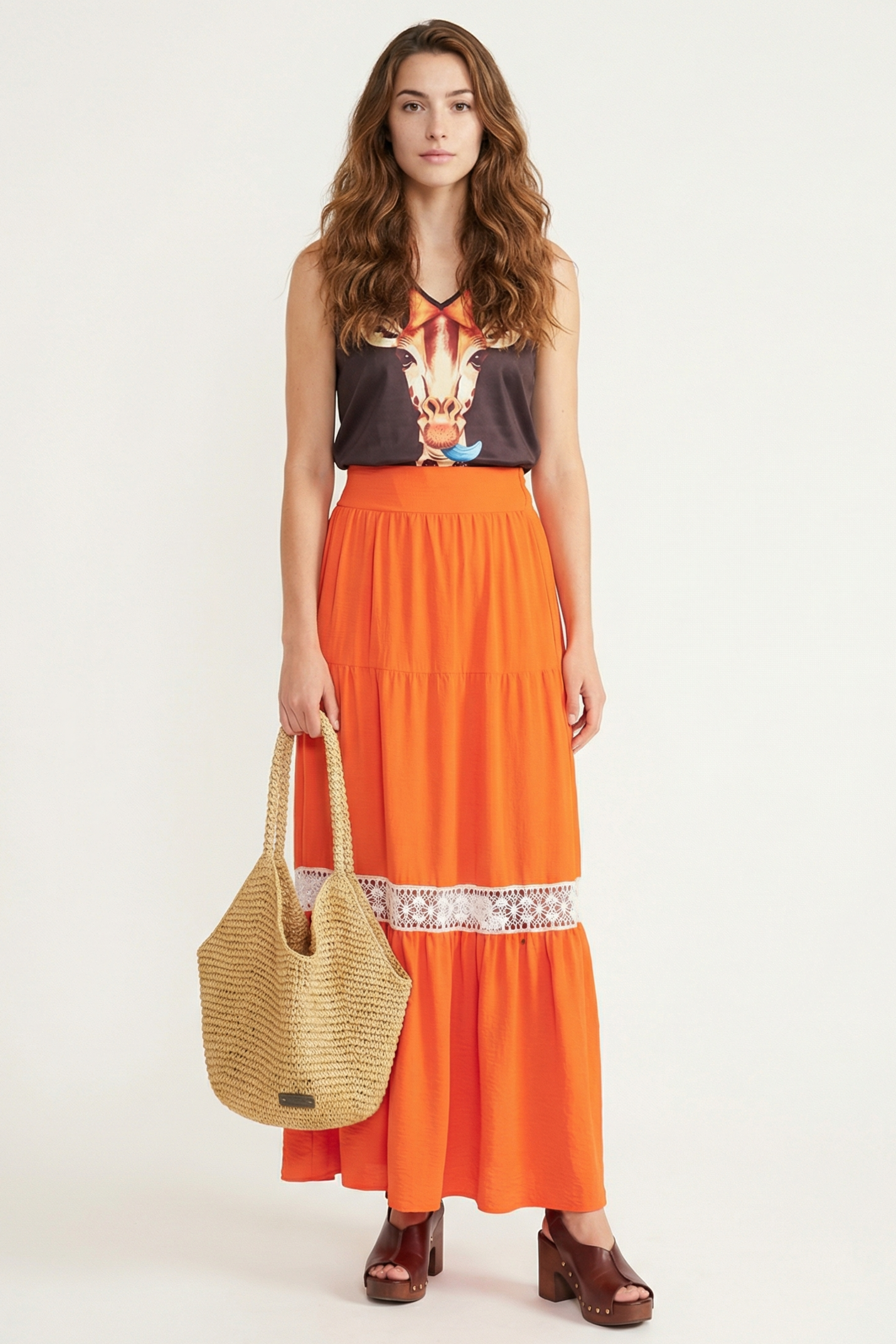 Falda larga naranja cortes con puntilla blanca LolitasyL