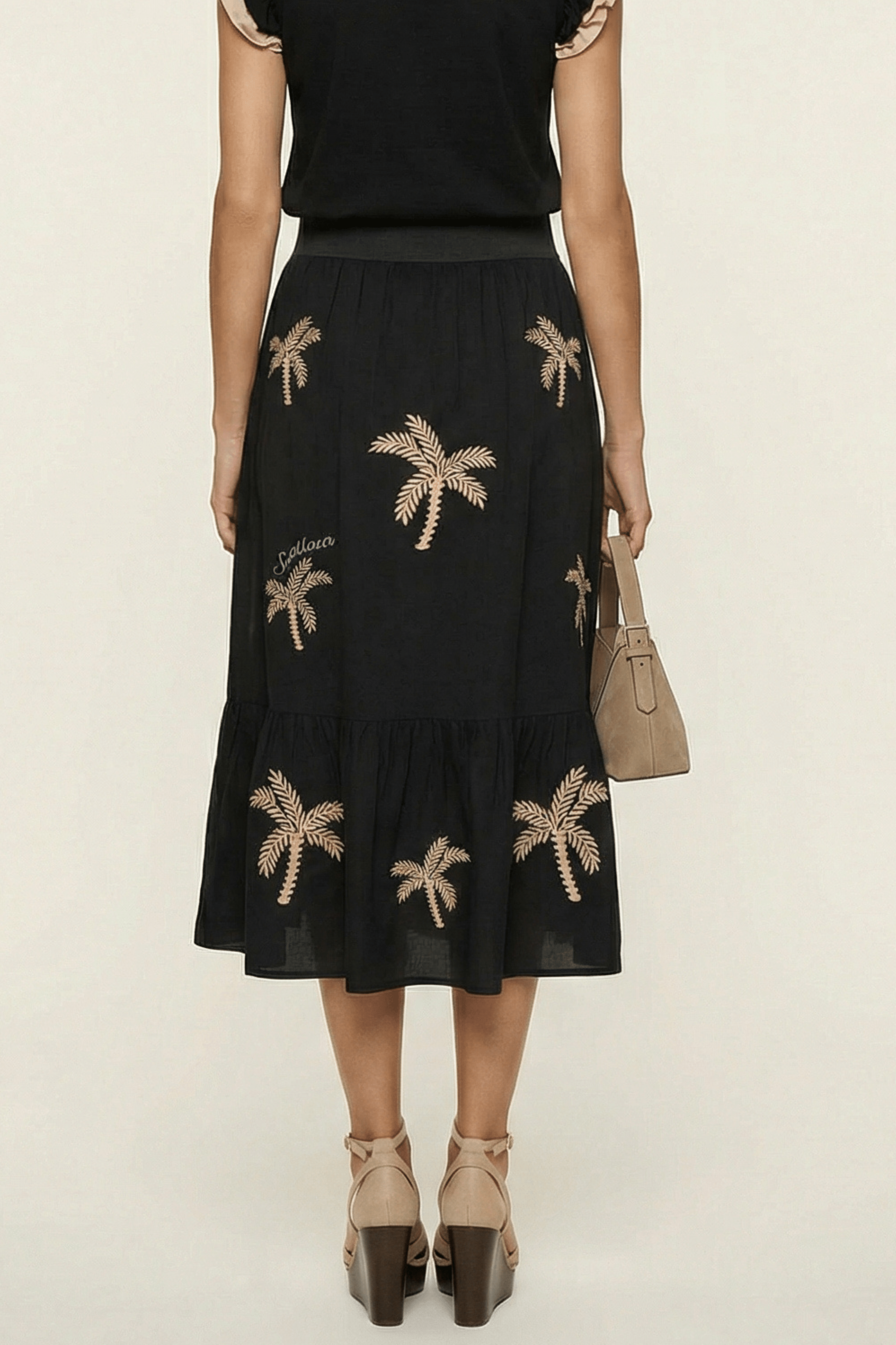 Falda negra larga bordado palmeras con goma Lolitas&L - lolitasyl.com