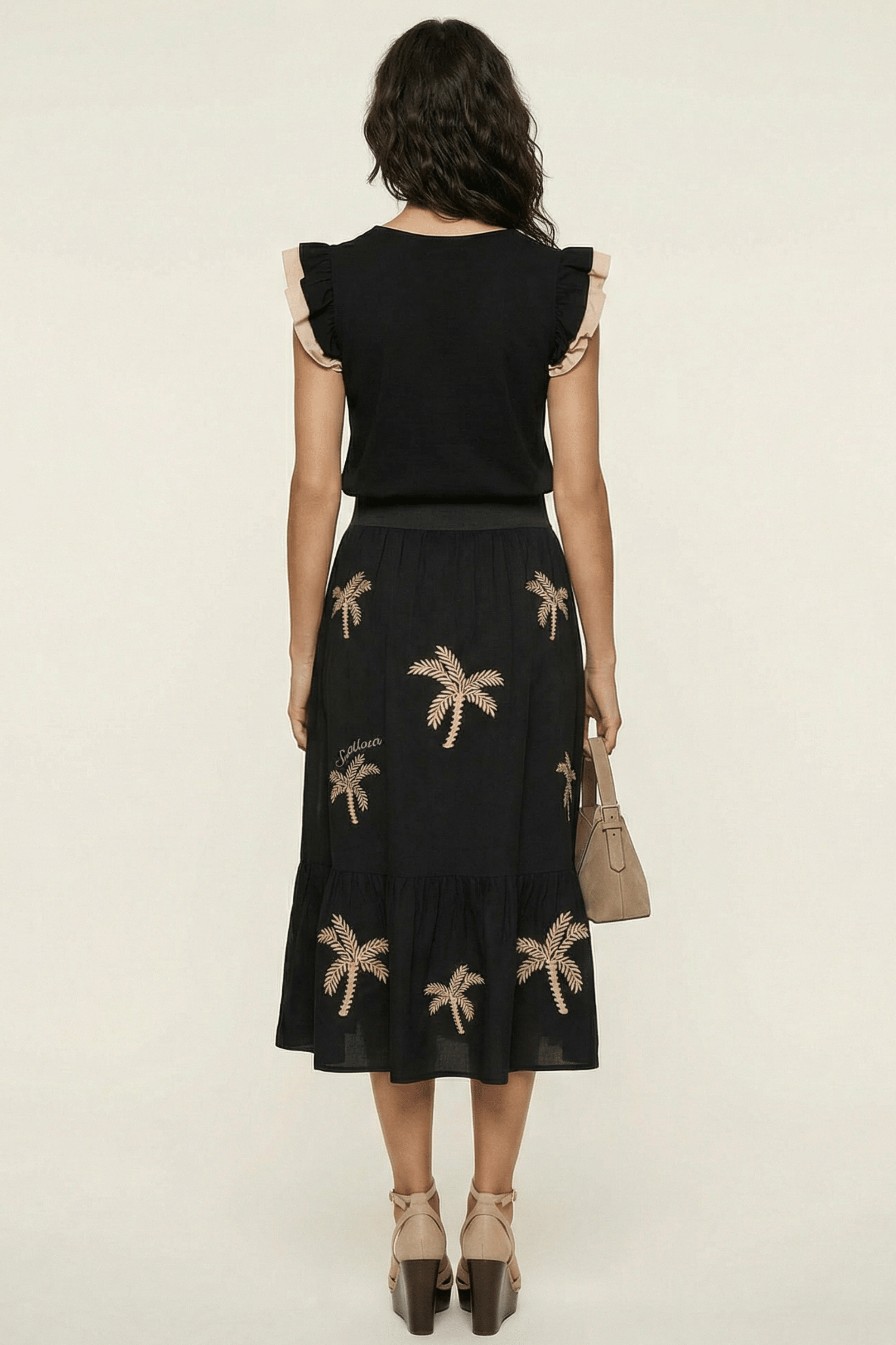 Falda negra larga bordado palmeras con goma Lolitas&L - lolitasyl.com