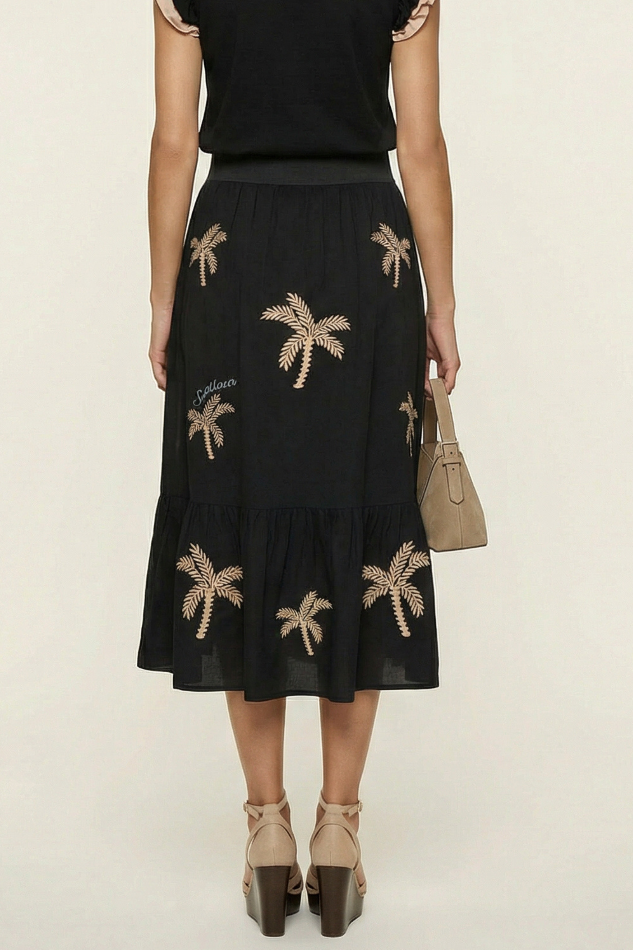 Falda negra larga bordado palmeras con goma Lolitas&L