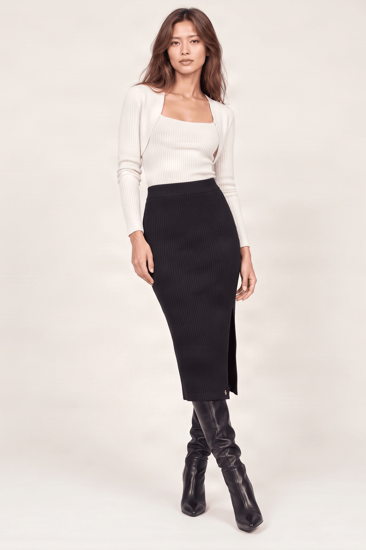 Falda negra punto jacquard rayas con abertura Lolitas&L - lolitasyl.com