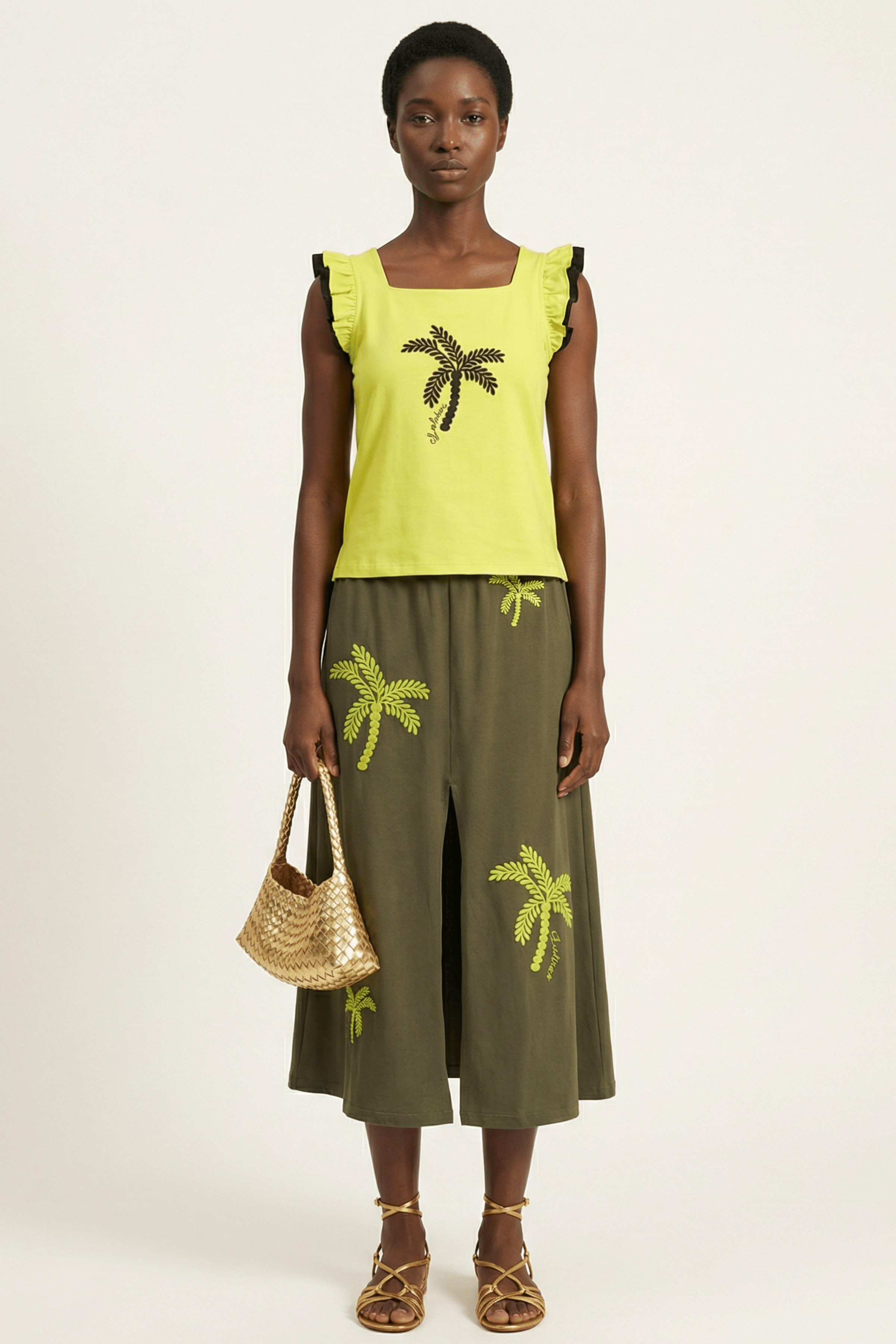 Falda verde militar larga con bordado palmeras al tono Lolitas&L - lolitasyl.com