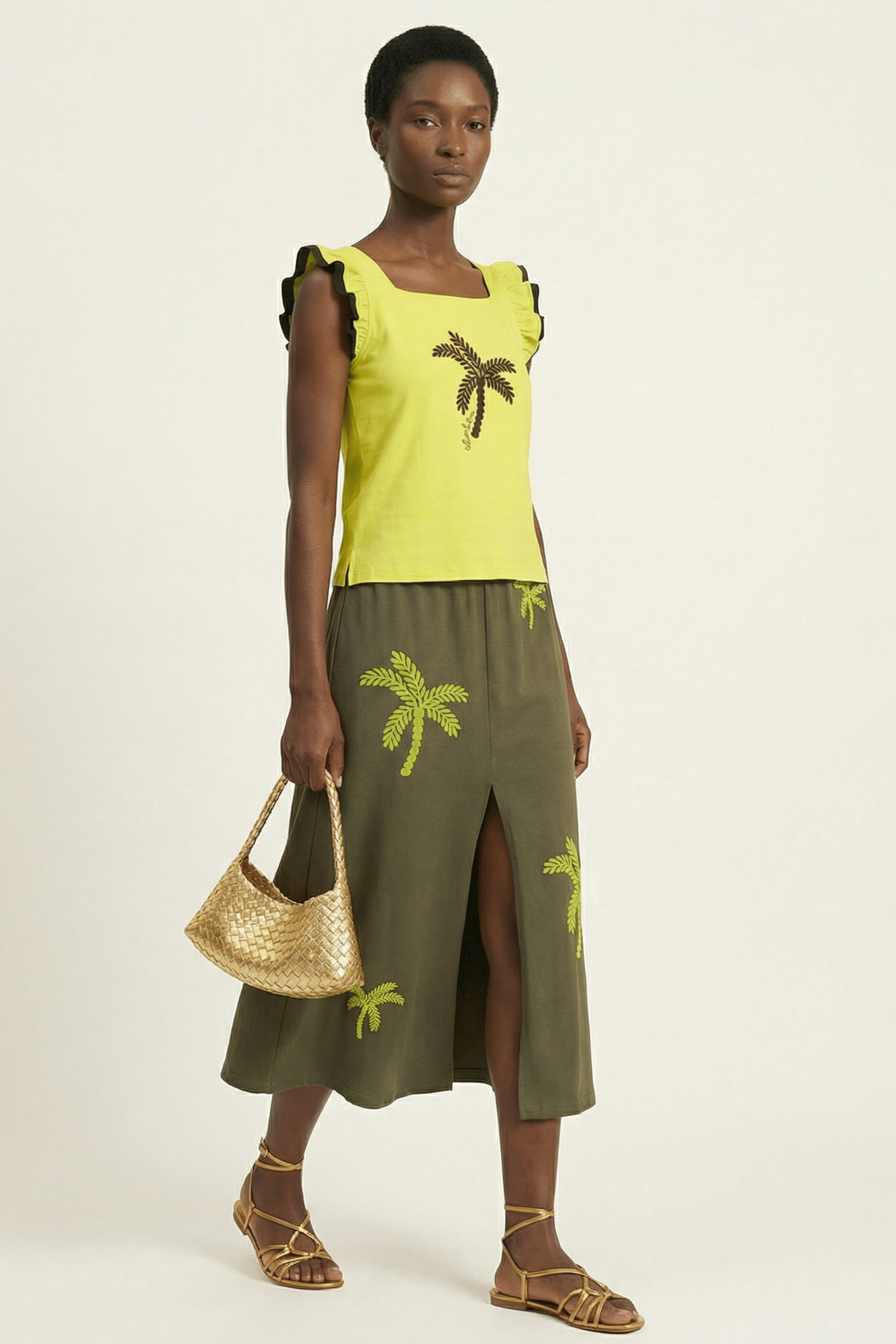 Falda verde militar larga con bordado palmeras al tono Lolitas&L - lolitasyl.com