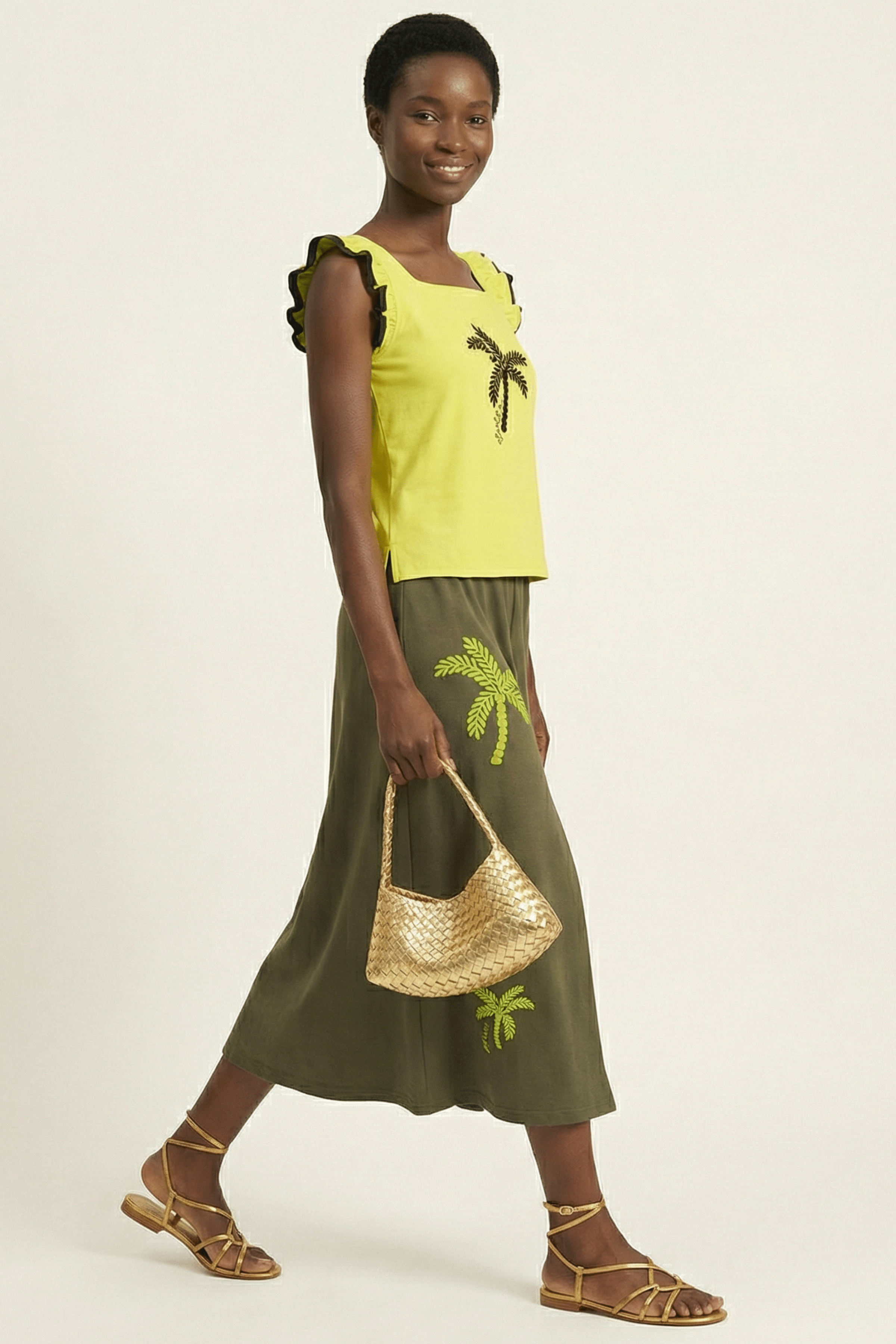 Falda verde militar larga con bordado palmeras al tono Lolitas&L - lolitasyl.com