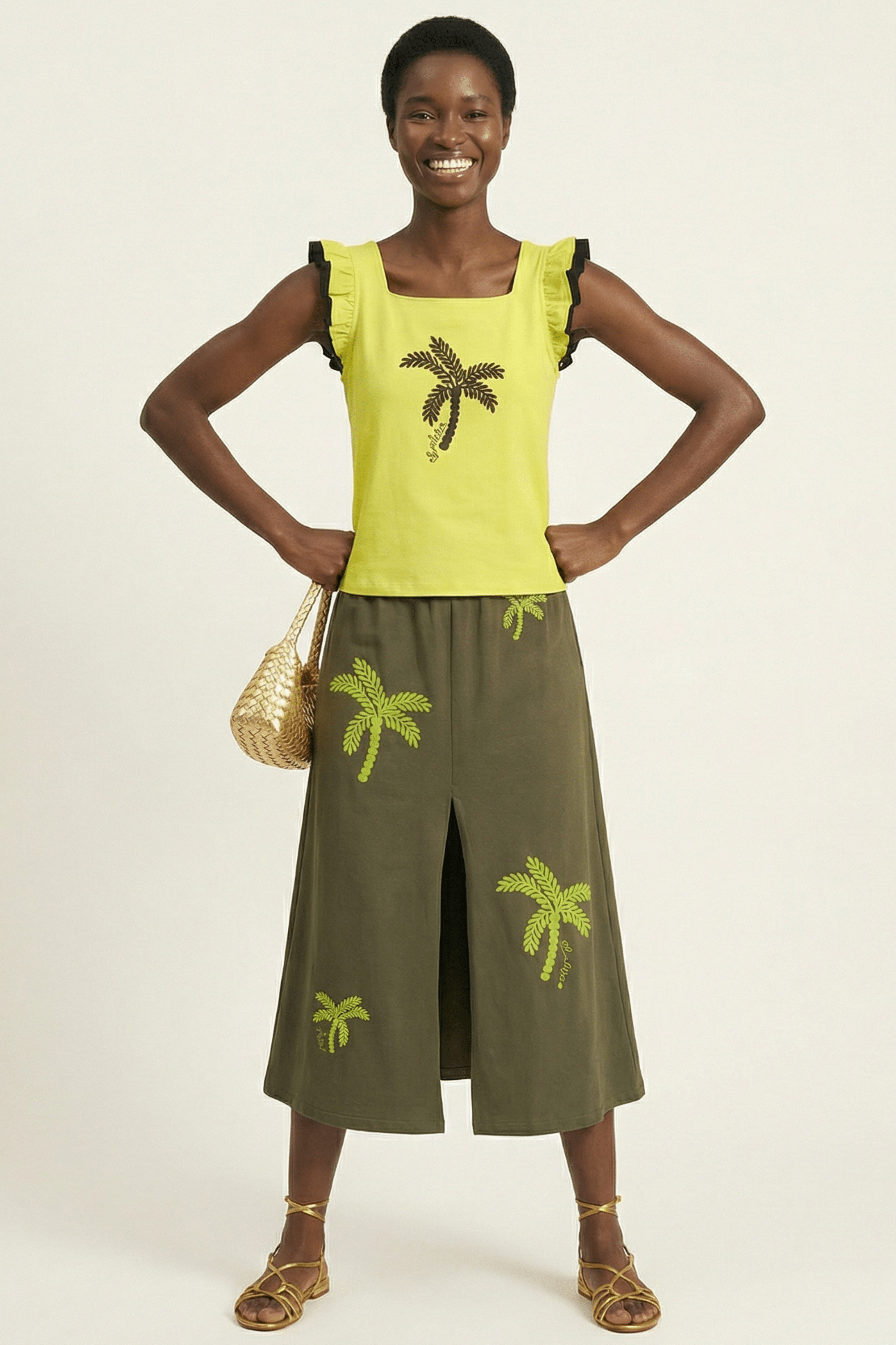 Falda verde militar larga con bordado palmeras al tono Lolitas&L - lolitasyl.com