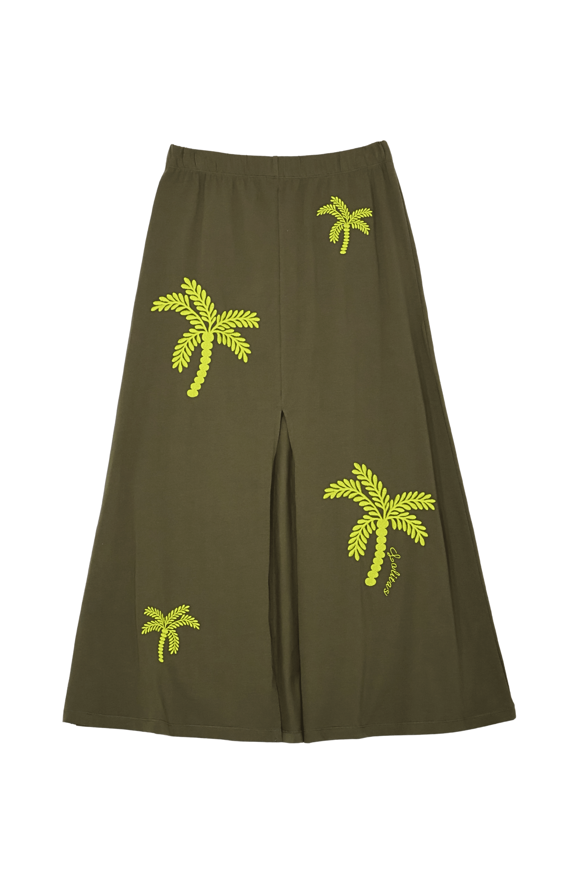Falda verde militar larga con bordado palmeras al tono Lolitas&L - lolitasyl.com