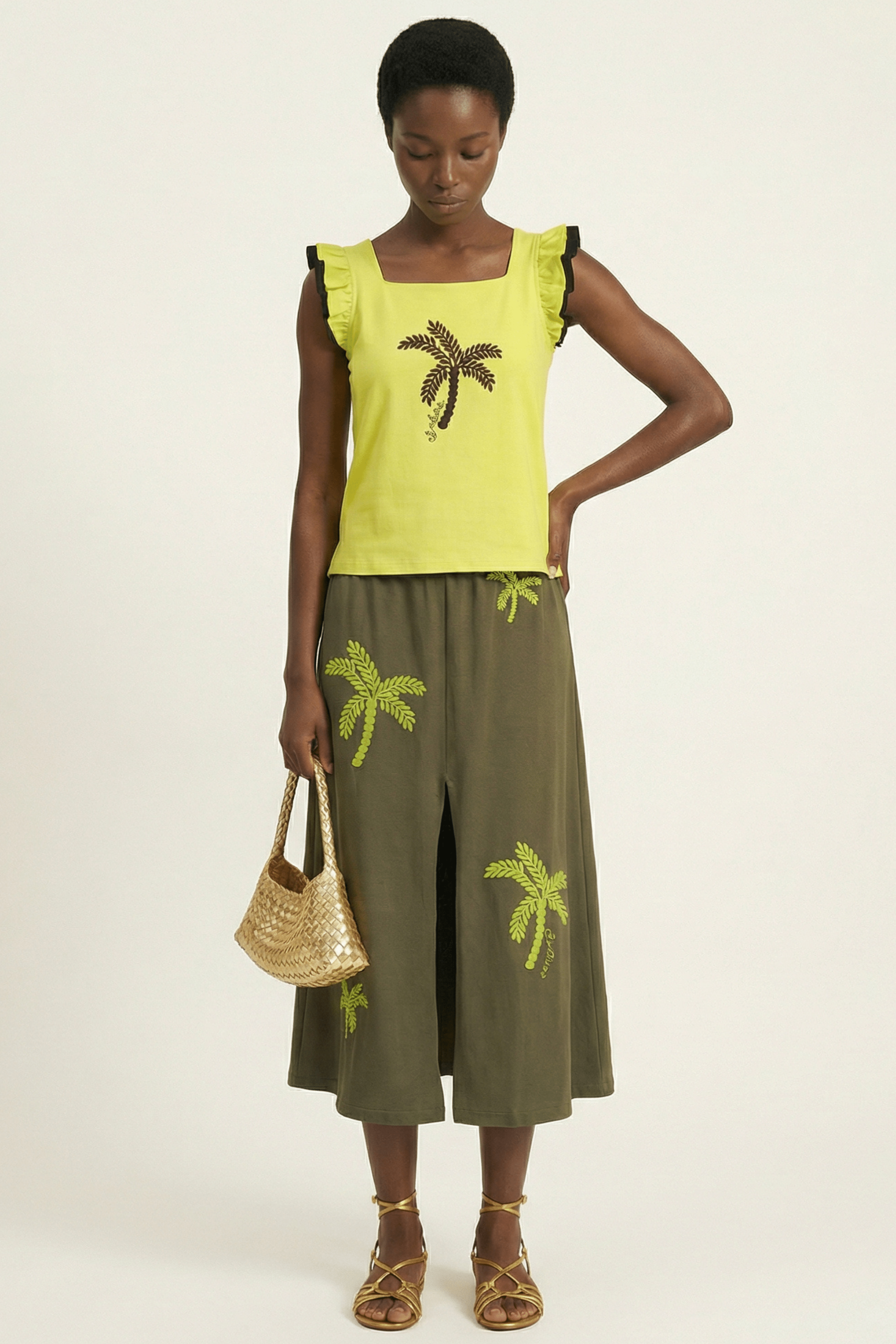 Falda verde militar larga con bordado palmeras al tono Lolitas&L - lolitasyl.com