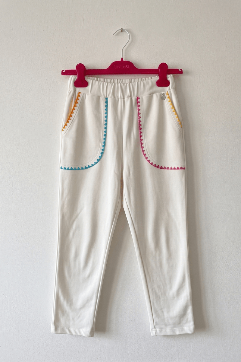 Pantalón Blanco de Punto con Pespuints Multicolor Preloved - lolitasyl.com